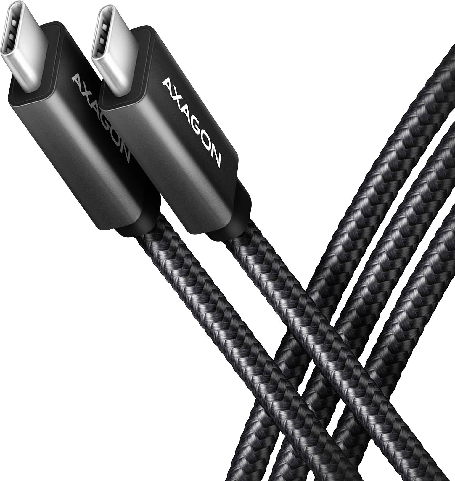 Zwei geflochtene schwarze USB-C-Ladekabel mit Axagon-Steckern überkreuzt auf weißem Hintergrund.