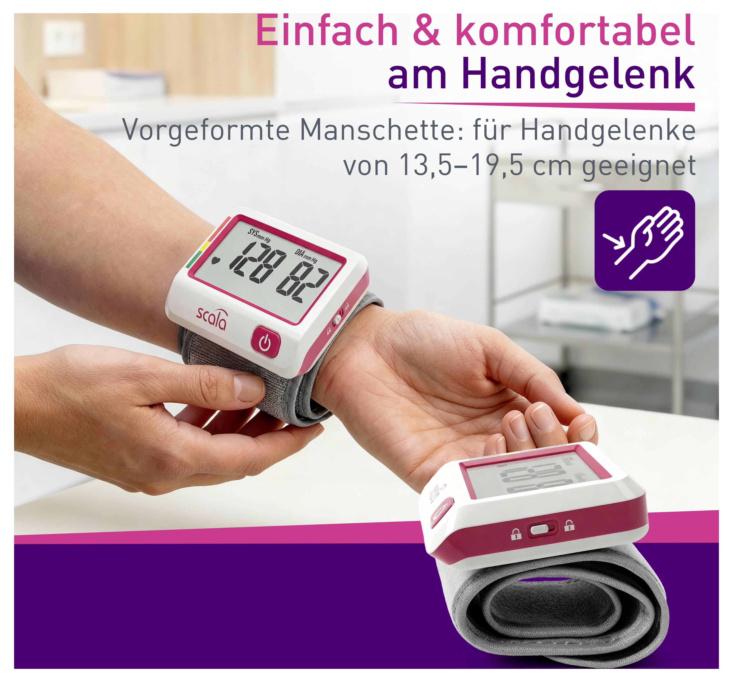 Blutdruckmessgerät mit vorgeformter Manschette am Handgelenk. Geeignet für Handgelenkumfänge von 13,5-19,5 cm.