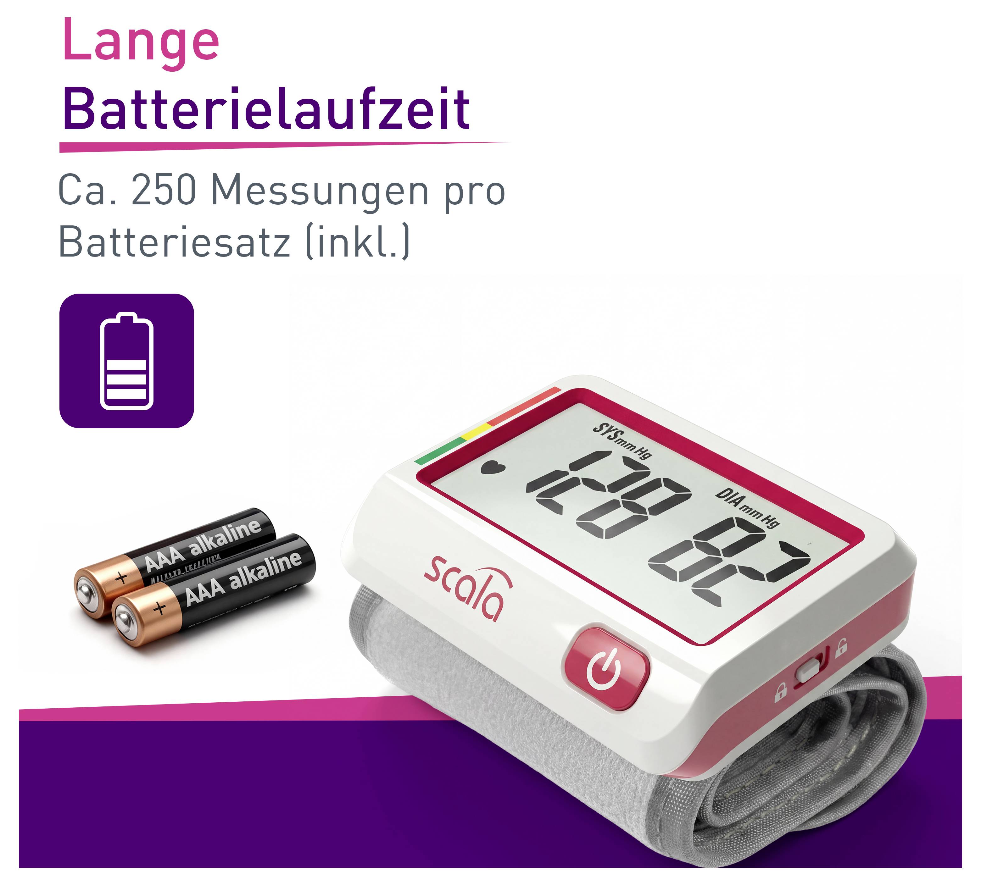 Blutdruckmessgerät von Scala mit AAA-Batterien, Anzeige 'Syst.MmHg' und 'Dia mmHg', für etwa 250 Messungen pro Batteriesatz.