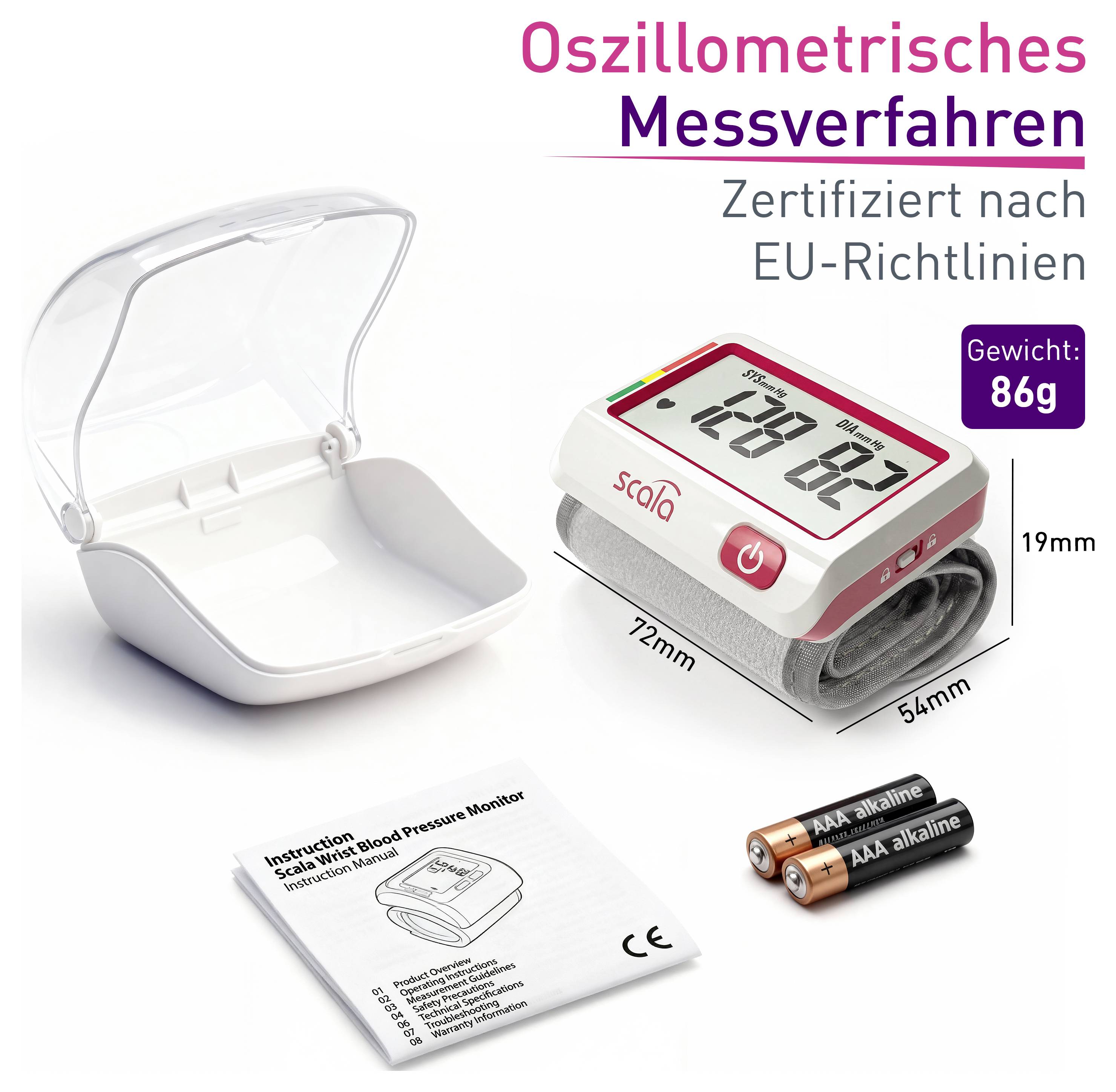 'Oszillometrisches Messverfahren' - Blutdruckmessgerät in weißem Gehäuse, Maße: 72x54x19 mm, Gewicht: 86 g. Zertifiziert nach EU-Richtlinien.