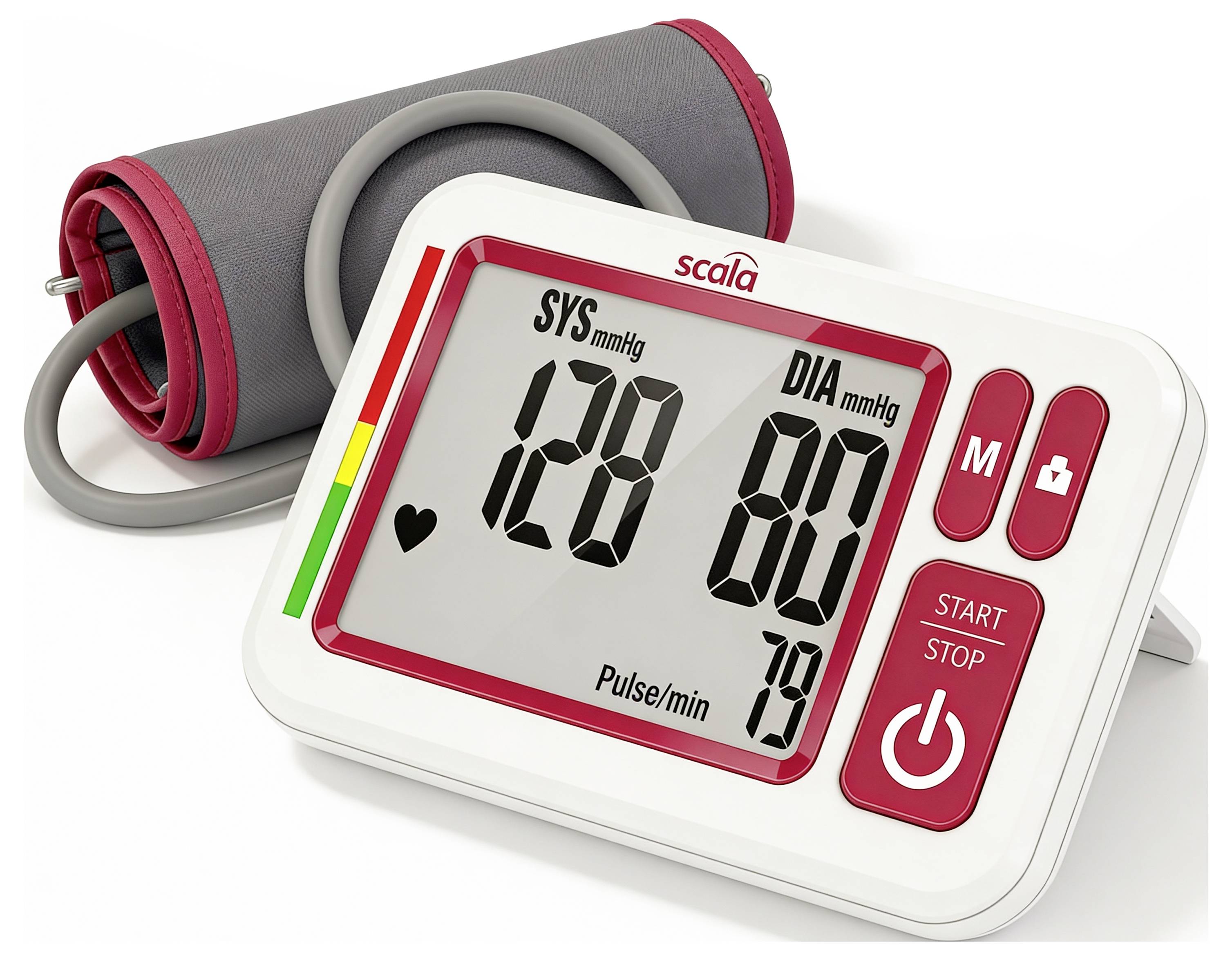 Digitales Blutdruckmessgerät zeigt 128/80 mmHg und Puls 79 an, mit angelegter Manschette.