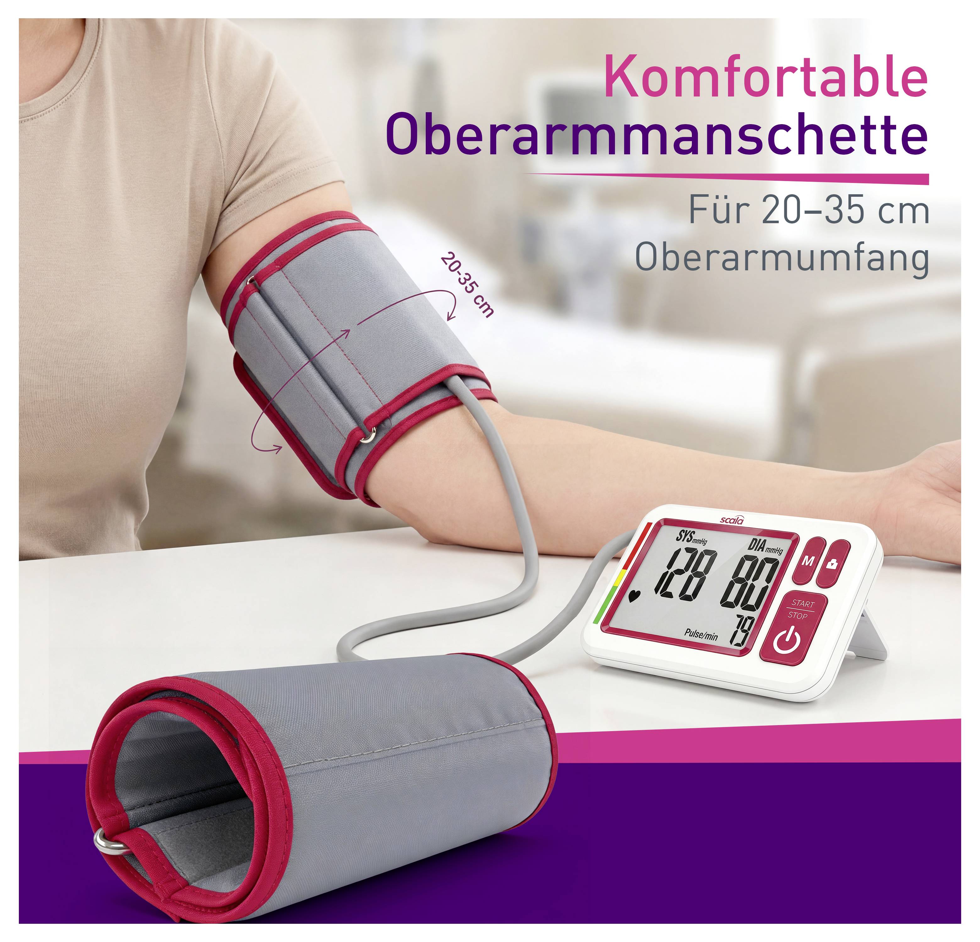 Oberarm-Blutdruckmessgerät mit Manschette für 20–35 cm Oberarmumfang; zeigt angelegte Manschette und Messgerät auf dem Tisch.