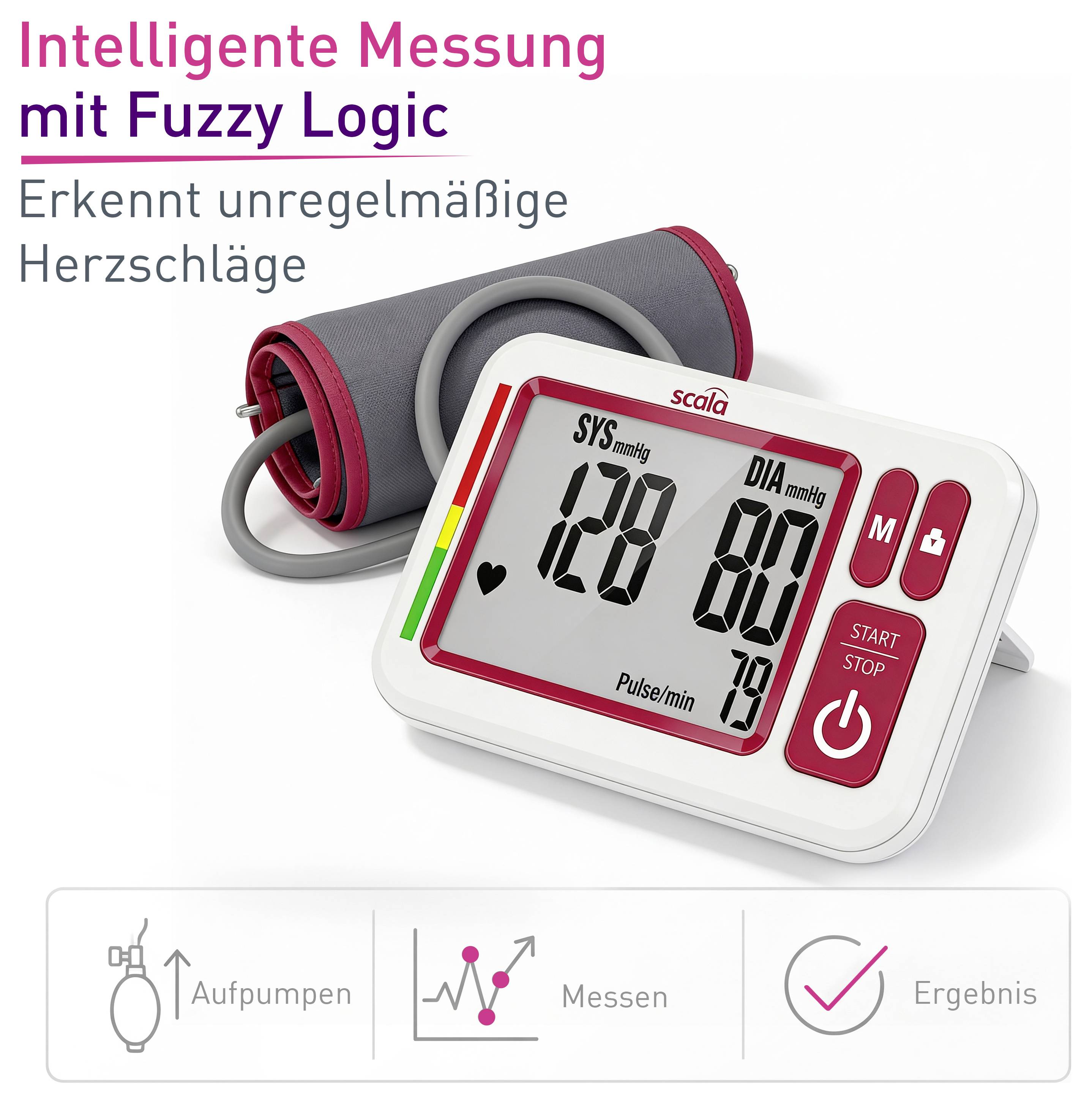 Werbegrafik eines Blutdruckmessgeräts mit Manschette; Text 'Intelligente Messung mit Fuzzy Logic' und Hinweis auf unregelmäßige Herzschläge.