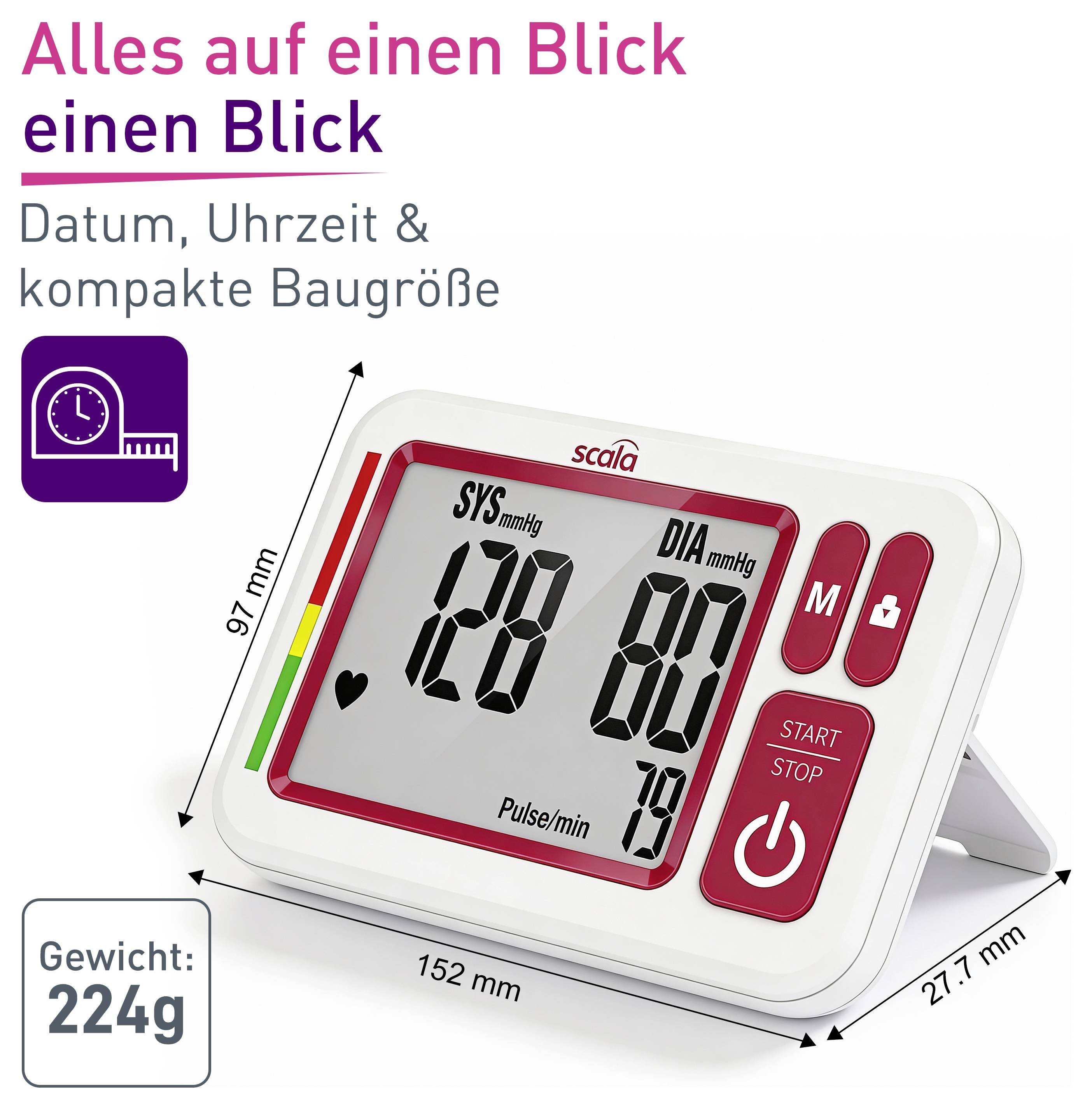Werbegrafik eines kompakten Blutdruckmessgeräts mit Uhrzeit, Datum und Messwerten; zeigt Abmessungen 152 x 97 x 27,7 mm und Gewicht 224 g.