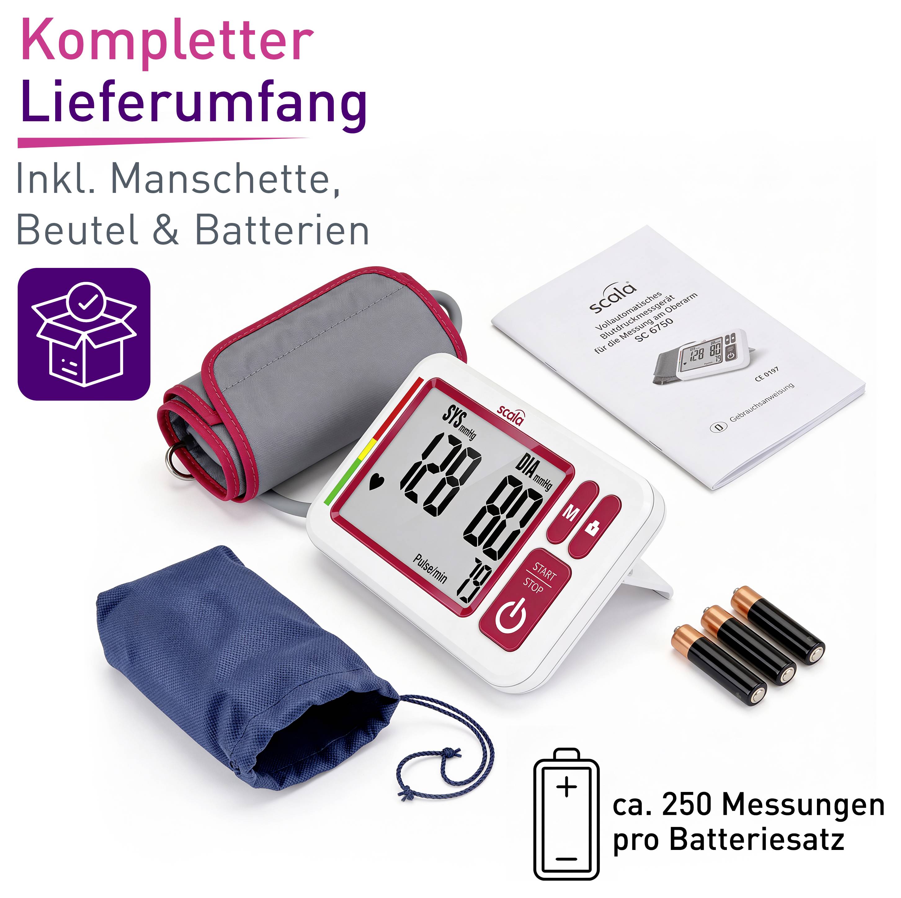 Lieferumfang eines Blutdruckmessgeräts: Manschette, Beutel, Batterien und Bedienungsanleitung; Hinweis auf ca. 250 Messungen pro Batteriesatz.