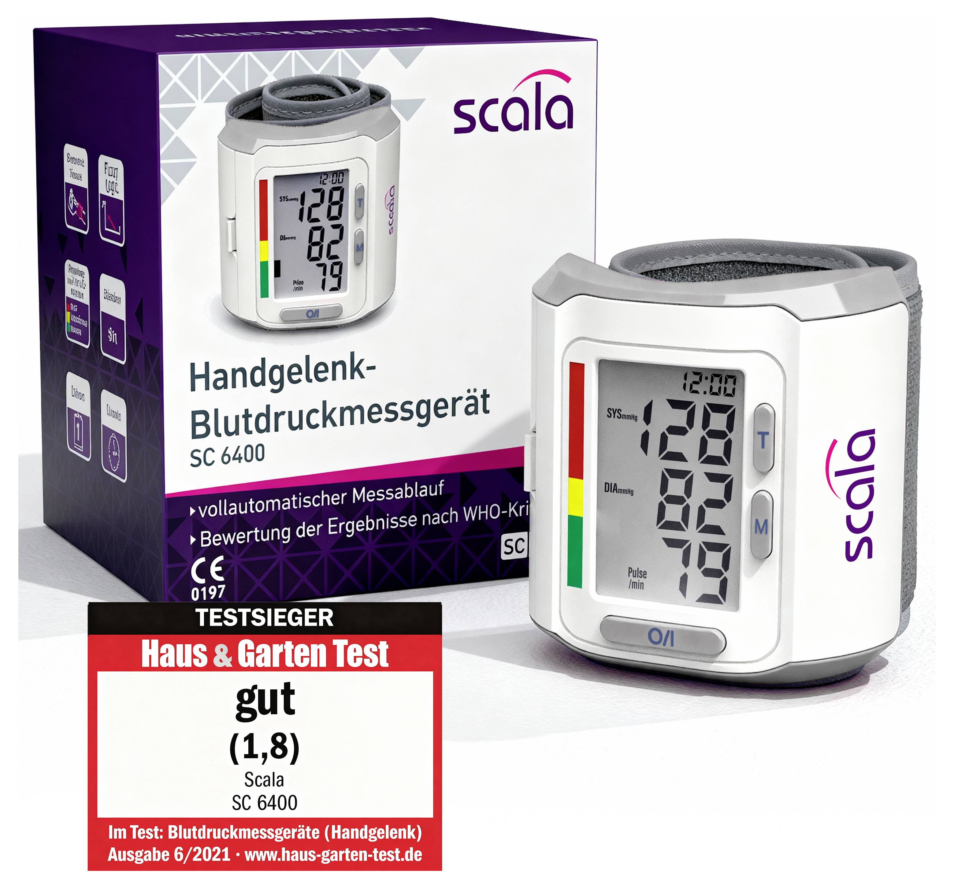 Verpackung und Gerät eines Handgelenk-Blutdruckmessers scala SC 6400, mit Displayanzeige und Test-Siegel 'Haus & Garten Test gut (1,8)'.