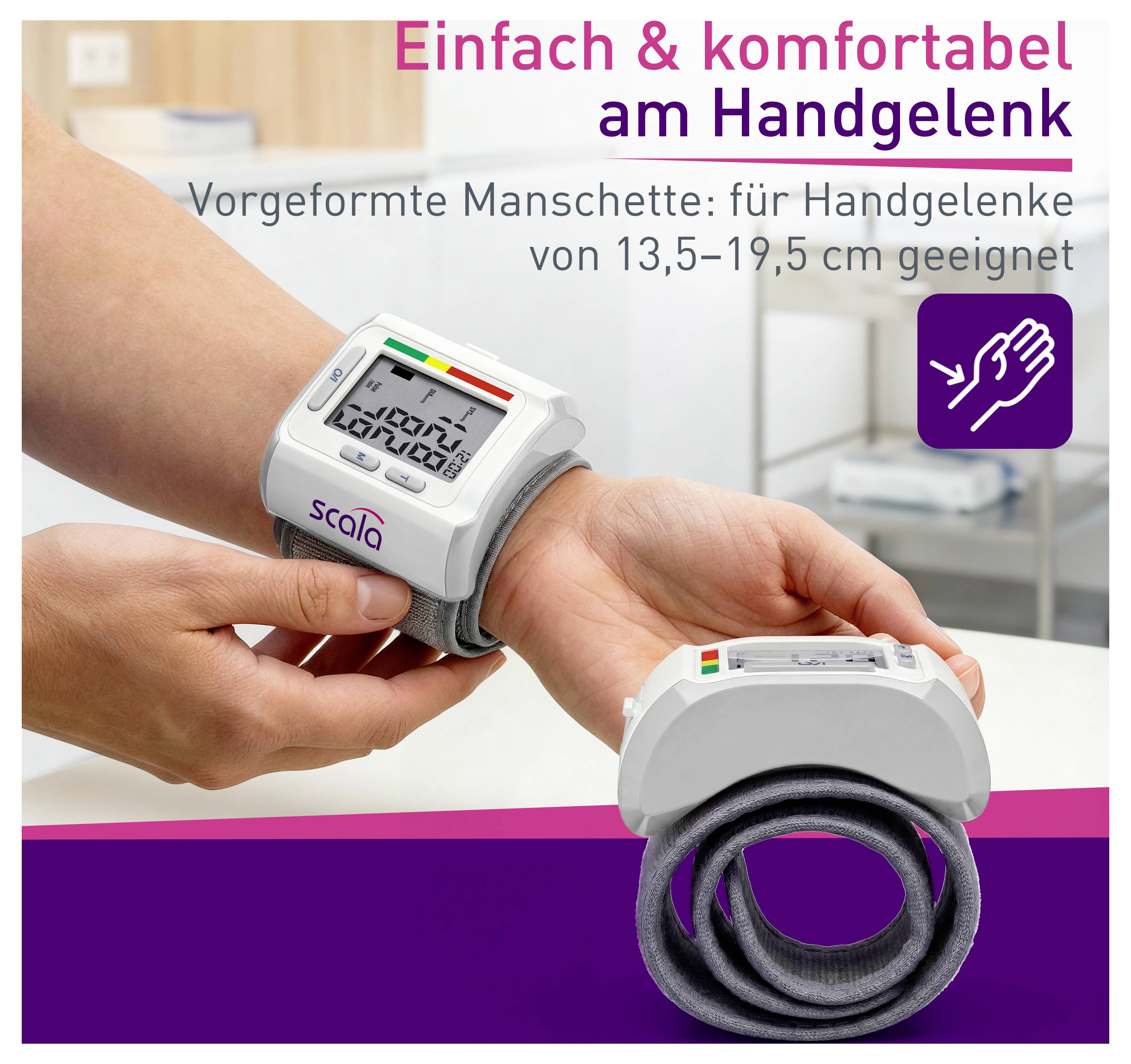 Werbung für ein Handgelenk-Blutdruckmessgerät mit vorgeformter Manschette; Text: 'Einfach & komfortabel am Handgelenk', passend für 13,5–19,5 cm.