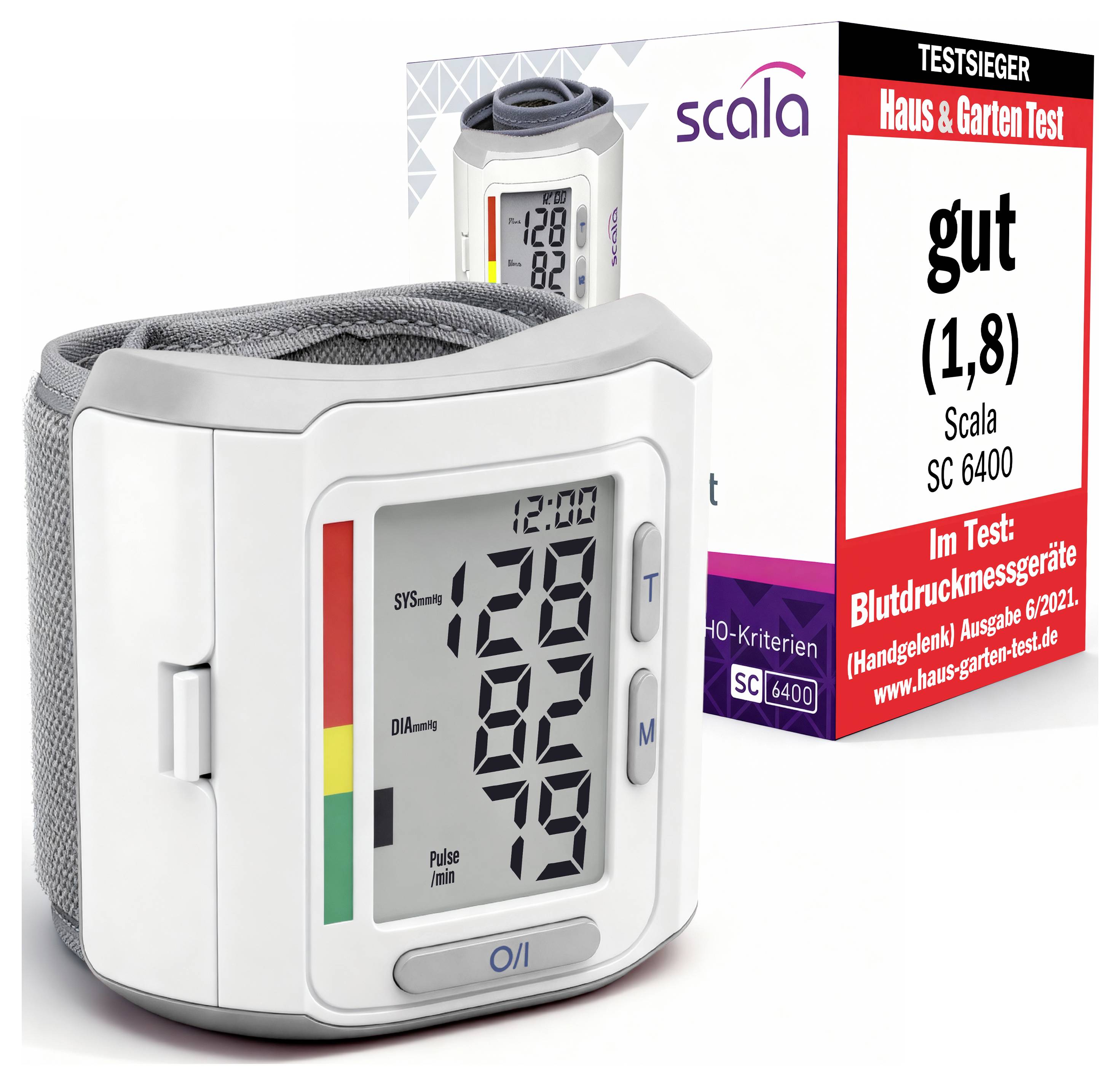 Blutdruckmessgerät am Handgelenk mit Display und Verpackung; Testsiegel 'Haus & Garten Test' mit Bewertung 'gut (1,8)' für Scala SC 6400.