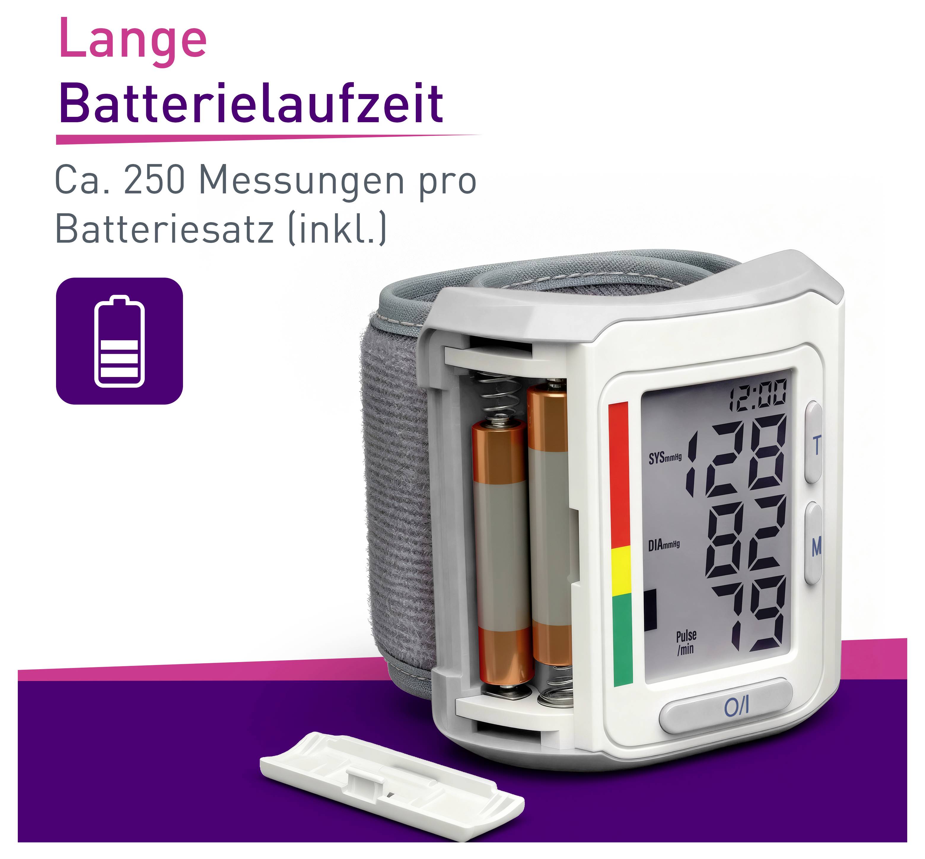 Werbung für ein Blutdruckmessgerät mit 'Lange Batterielaufzeit' und 'Ca. 250 Messungen pro Batteriesatz (inkl.)'; Gerät mit Batteriefach geöffnet.