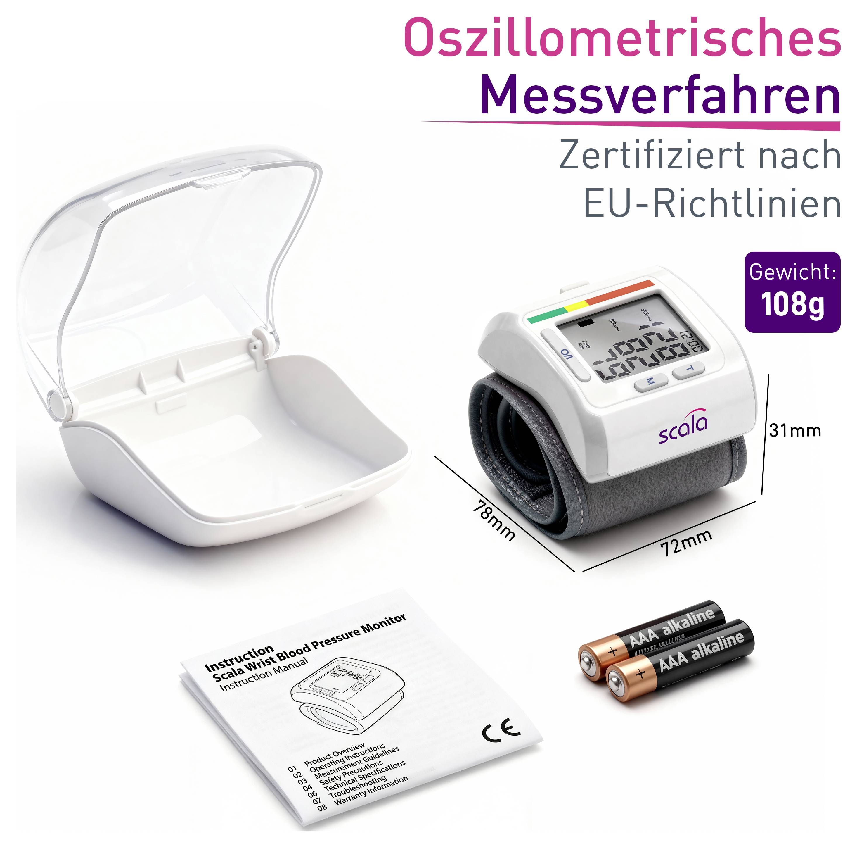Werbegrafik eines Handgelenk-Blutdruckmessgeräts mit Zubehör: Gerät im geschlossenen Zustand, Manschette, Anleitung und Batterien; Angaben zu Gewicht 108 g und Maßen 78 x 72 x 31 mm, 'Zertifiziert nach EU-Richtlinien'.