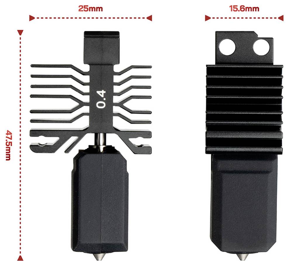 Schwarze elektronische Komponente in Front- und Seitenansicht mit Abmessungen: 47,5 mm Höhe, 25 mm Breite, 15,6 mm Tiefe.
