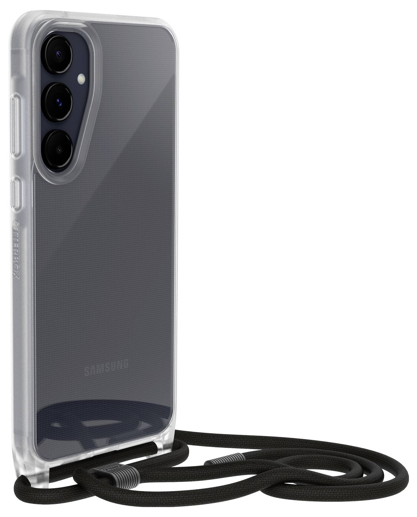 Durchsichtige Handyhülle mit integriertem schwarzem Nackenband, das ein Samsung-Smartphone von hinten hält.