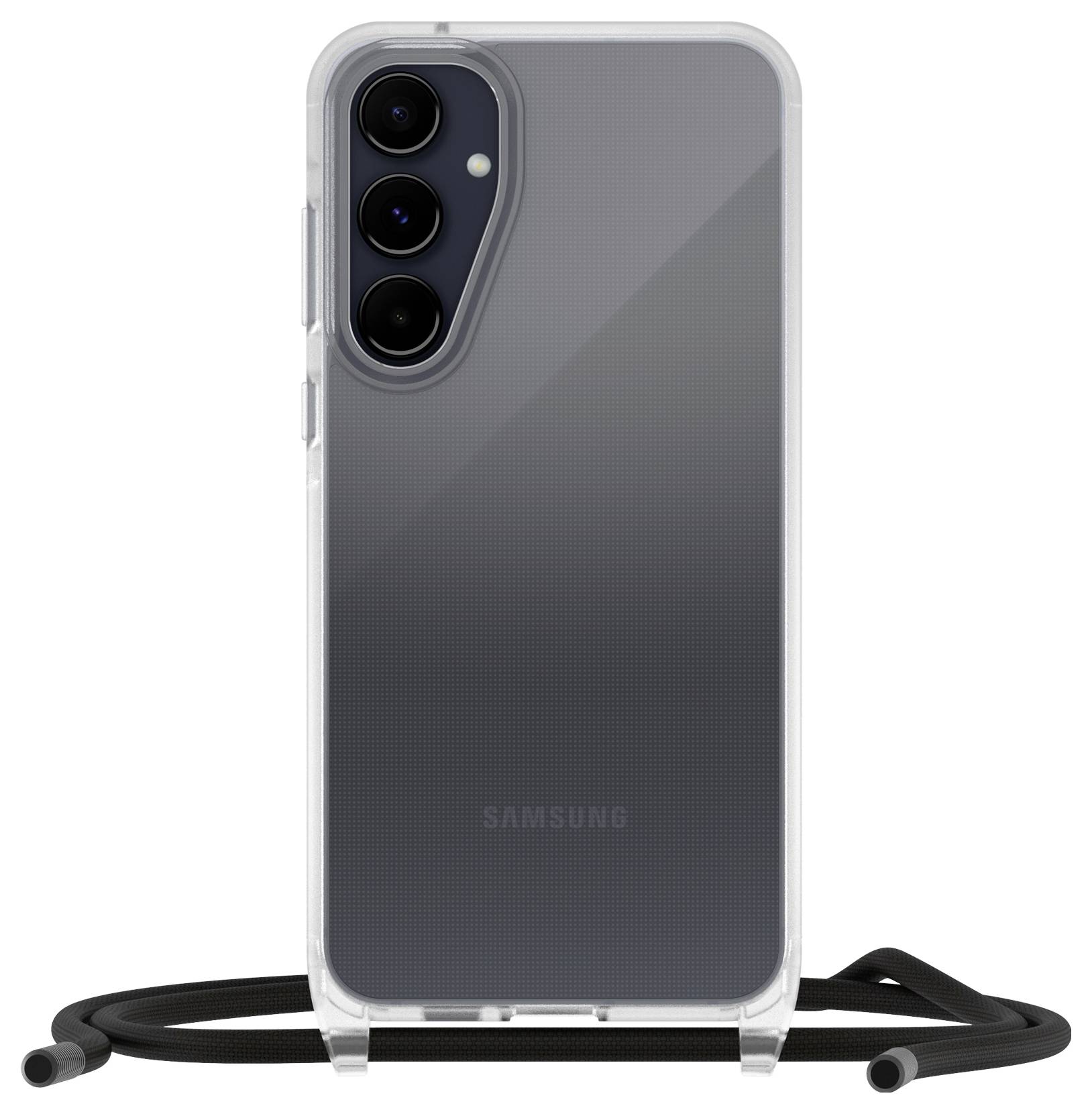 Durchsichtige schützende Samsung-Handyhülle, gezeigt mit schwarzem Umhängeriemen, der unten befestigt ist.