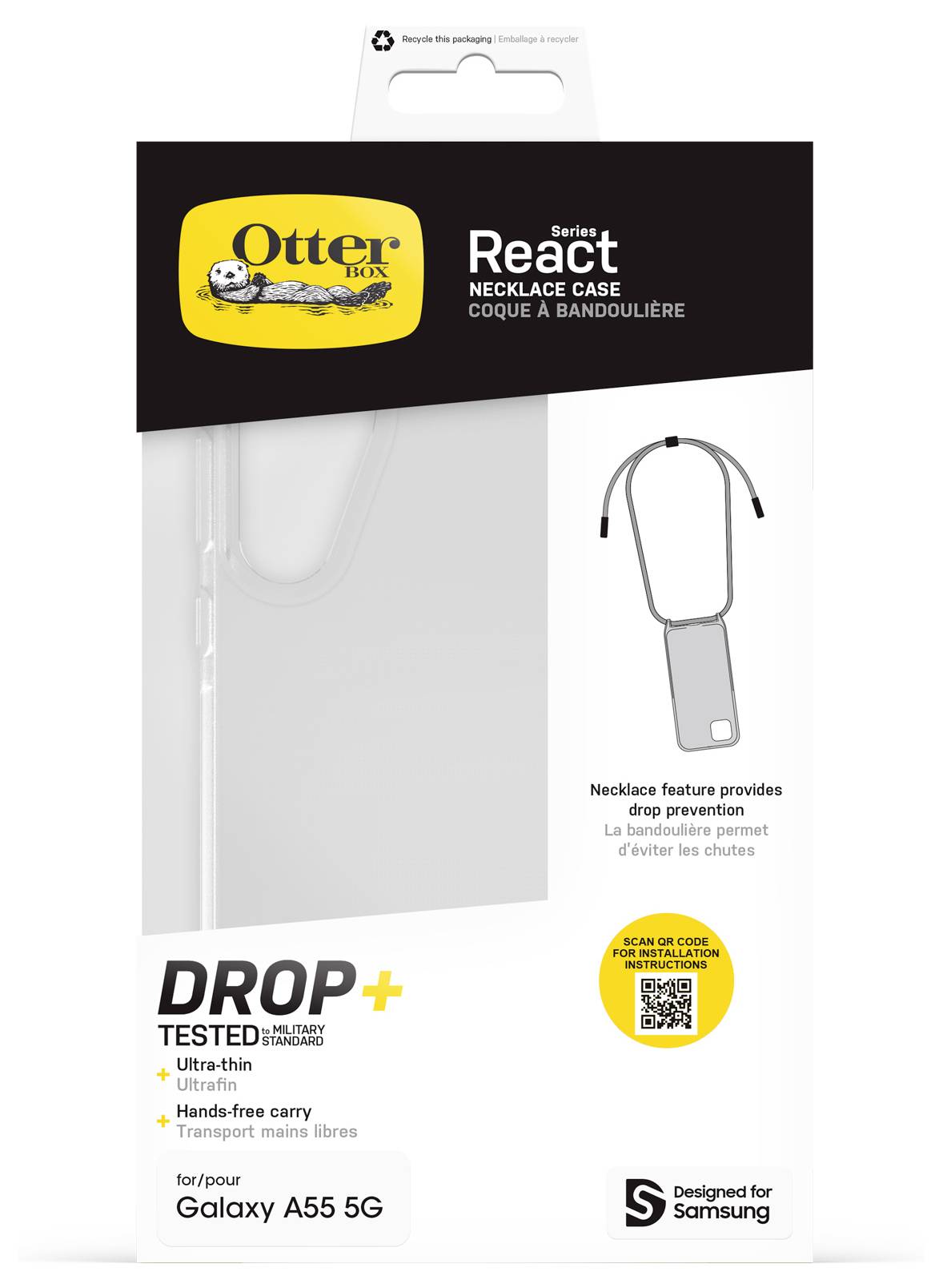 OtterBox React Serie Nackenschutzhülle für Samsung Galaxy A55 5G, mit Fallschutz, ultraschlankem Design und QR-Code für die Installation.