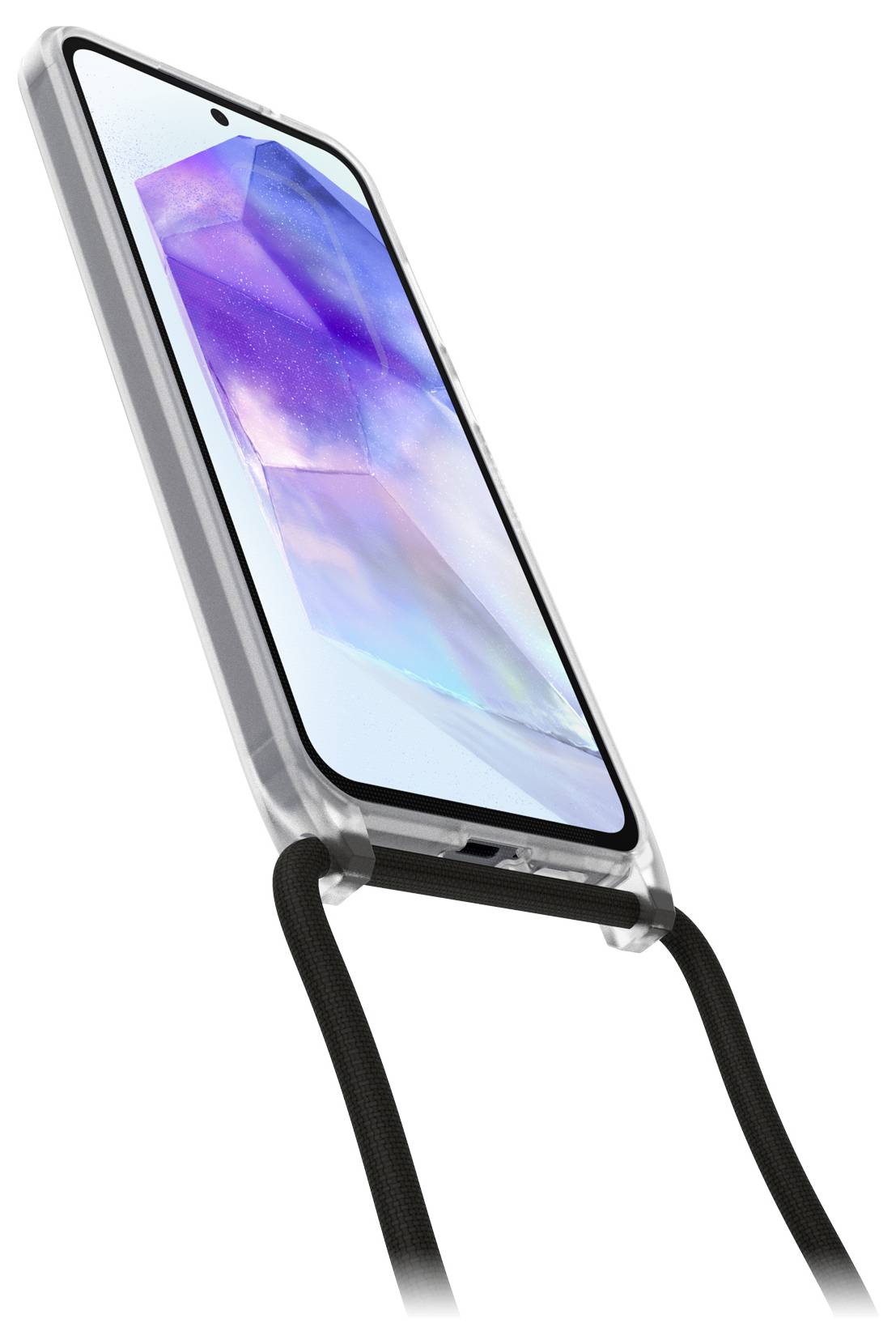 Smartphone in einem durchsichtigen Schutzetui auf einem schwarzen Umhängeband oder einer Kordel, schräg vor weißem Hintergrund angeordnet.