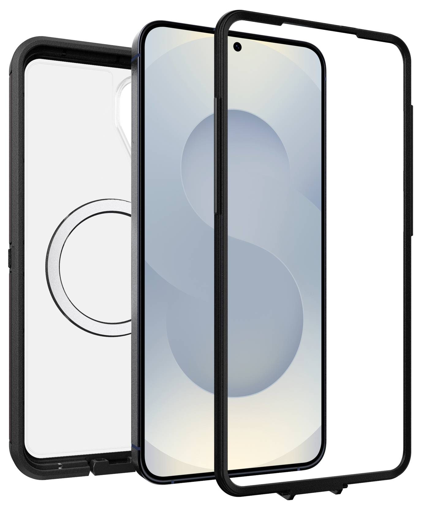 Schwarzes Samsung-Smartphone in einer Schutzhülle, von hinten gezeigt mit dreifacher Rückfahrtkamera und Blitz.