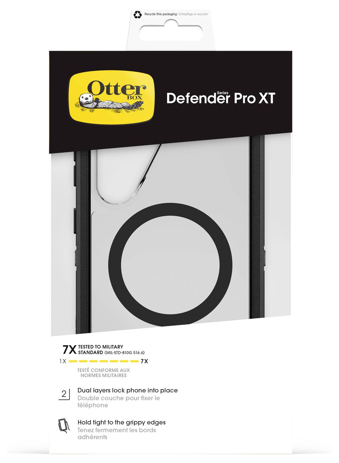 OtterBox Defender Pro XT iPhone-Hülle mit Verpackung mit transparenter Hülle und MagSafe-Ring, beschriftet mit „7X getestet nach Militärstandard