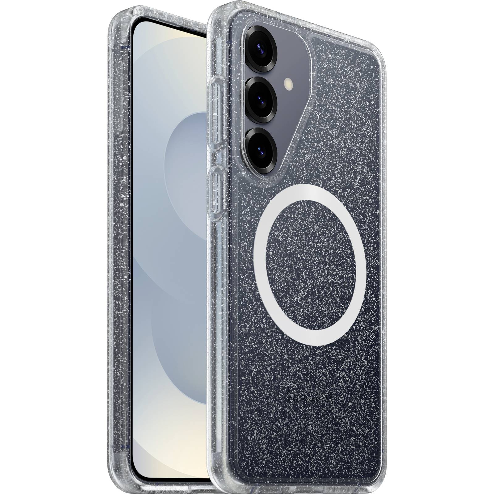 Zwei glitzernde transparente Handyhüllen von vorne und von hinten gezeigt, mit einem weißen MagSafe-Ring und dreifacher Kameraaussparung auf einem Smartphone.