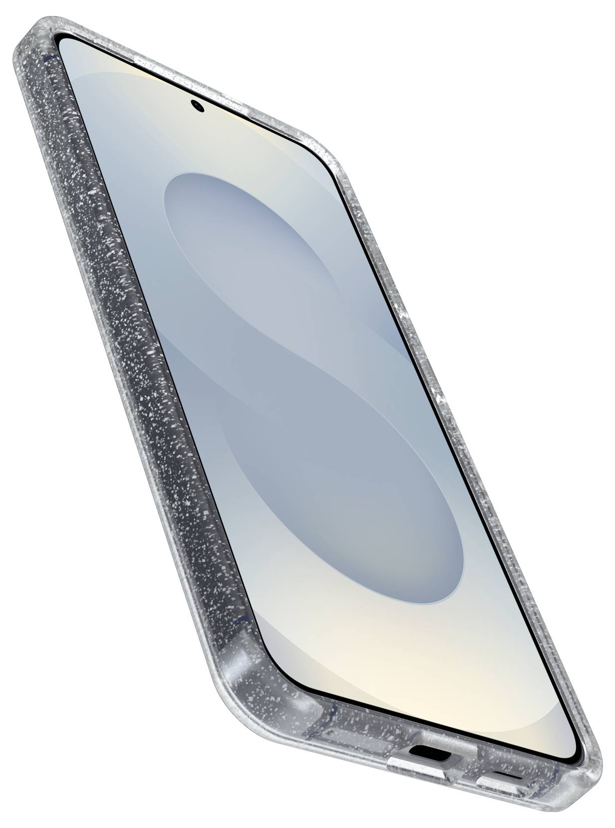 Smartphone in einem klaren Schutzgehäuse in einem Winkel dargestellt, mit leerem Bildschirm und zentriertem Frontkamera-Ausschnitt.