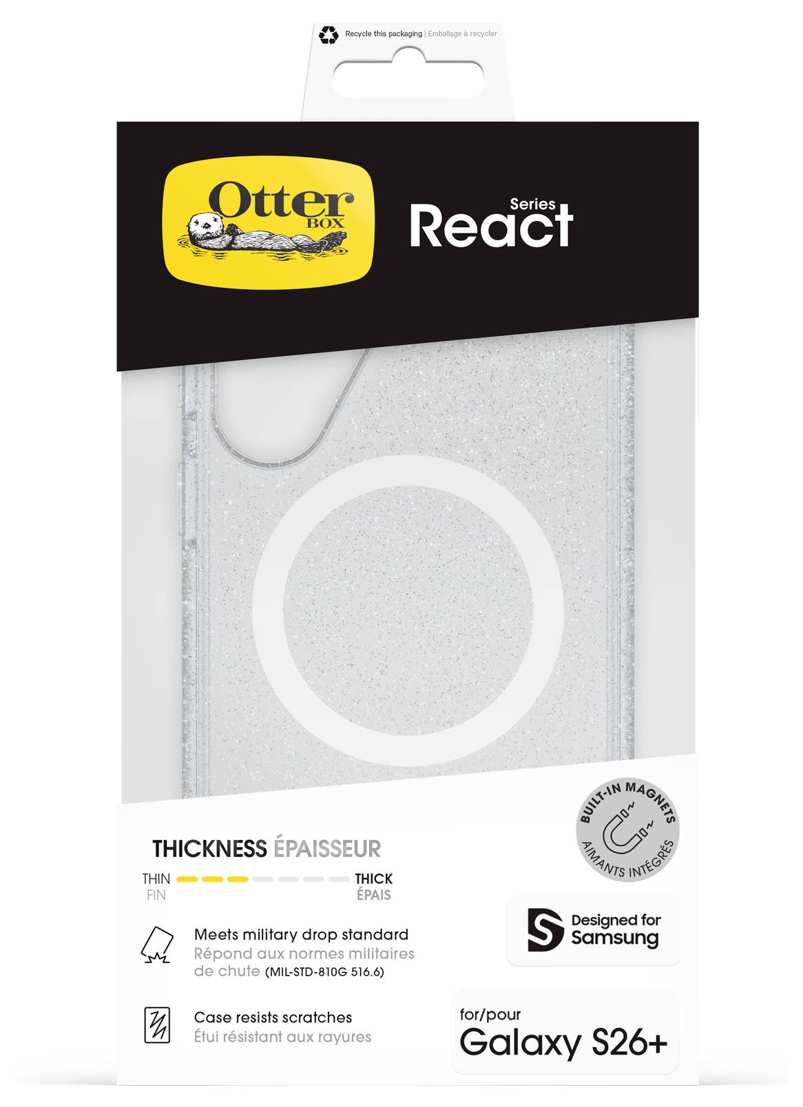 OtterBox React Schutzhülle für Galaxy S26+, transparentes schlankes Design mit Militär-Fallschutz und MagSafe-Kompatibilität.