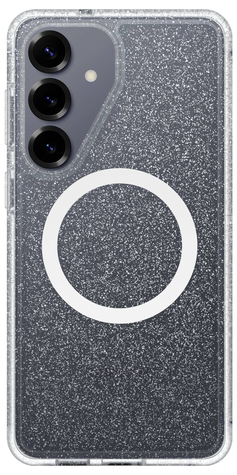 Smartphone in einem transparenten Glitzercase mit einem weißen MagSafe-ähnlichen Ring und sichtbarer dreifacher Rückkamera in der oberen linken Ecke.