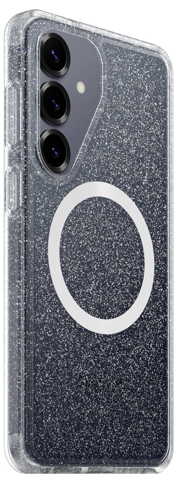 Ein Smartphone in einer klaren strukturierten Hülle, mit dreifacher Rückkamera und einem großen kreisförmigen MagSafe-Ring auf der Rückseite.