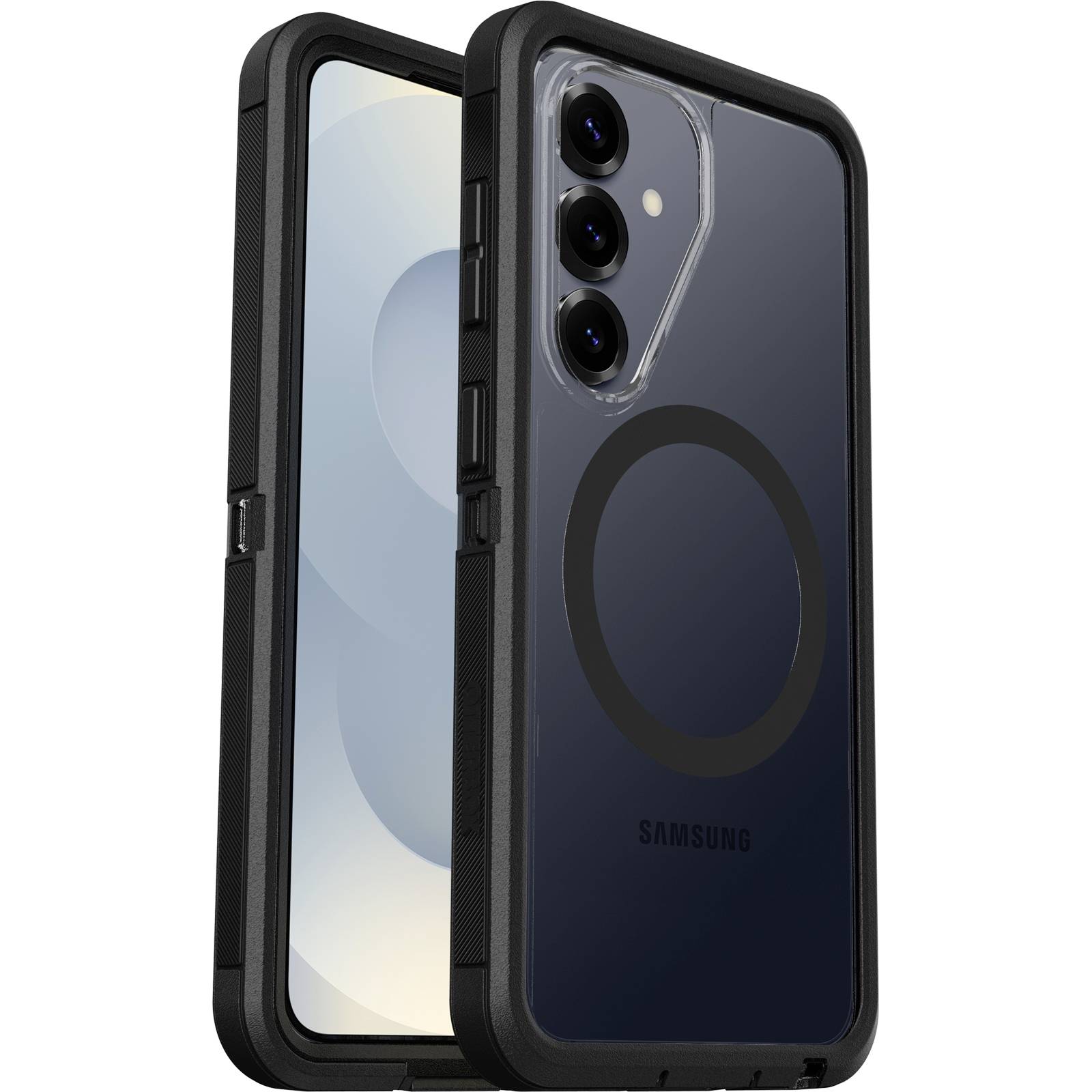 Zwei Ansichten eines Samsung-Smartphones in einer schwarzen Schutzhülle, die die Vorder- und Rückseite mit dreifacher Rückkamera und einem kreisförmigen MagSafe-ähnlichen Ring zeigen.