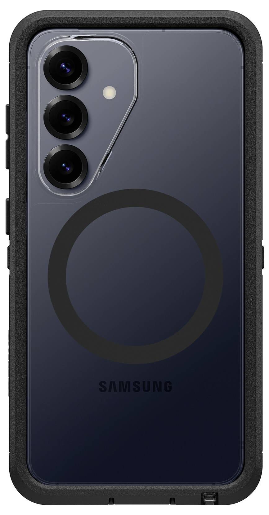 Rückansicht eines Samsung-Smartphones in einer robusten schwarzen Schutzhülle, das dreifache Kameras und einen kreisförmigen kabellosen Laderingauf der Rückseite zeigt.