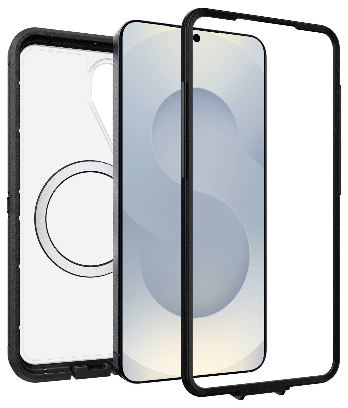 Drei schwarze Schutzhüllen für Telefone, gezeigt von vorne, von der Seite und von hinten auf weißem Hintergrund, eine mit einem durchsichtigen Ring im MagSafe-Stil.