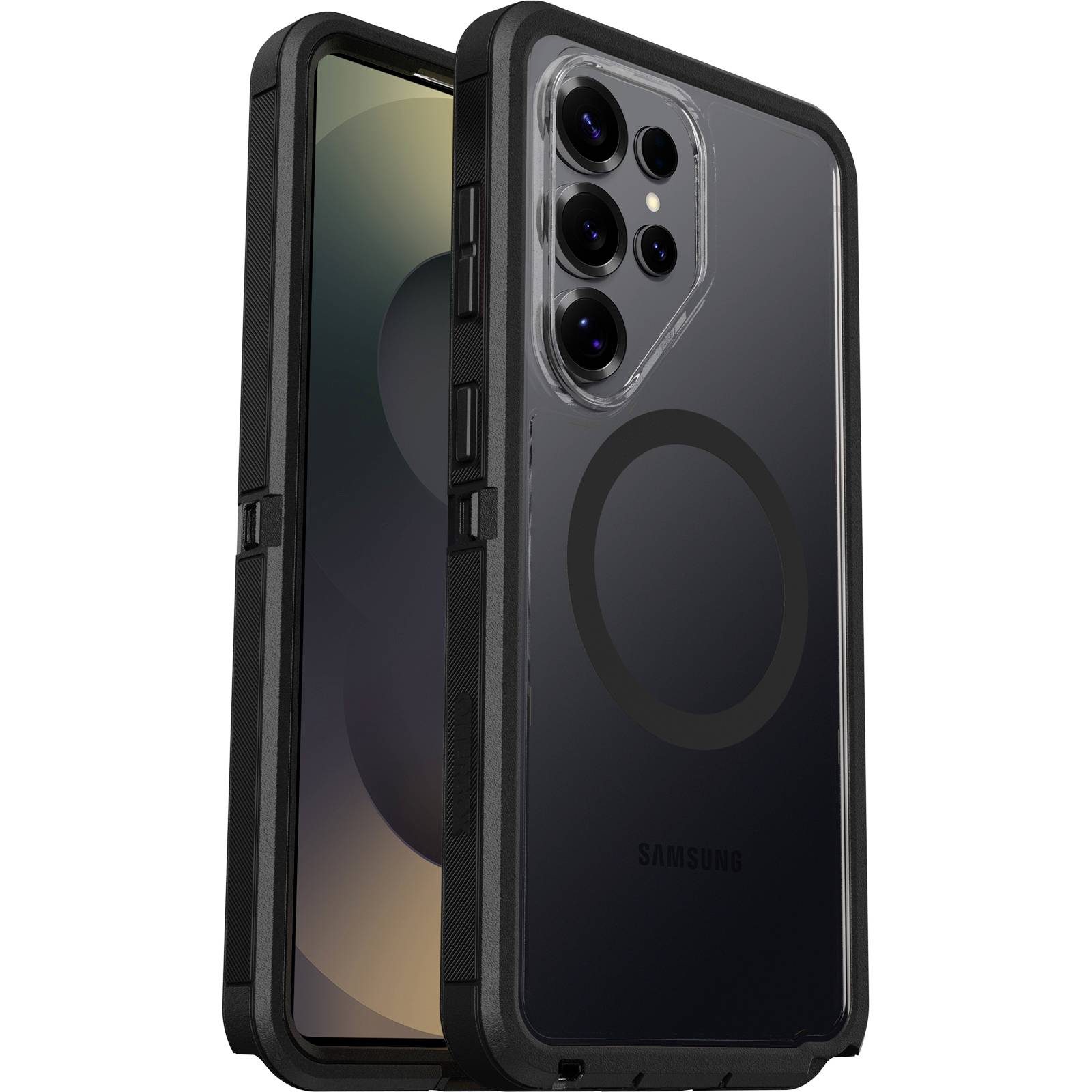 Schwarze robuste Samsung-Handyhülle auf einem Smartphone mit erhöhtem Kameraschutz und einem magnetischen Ring auf der Rückseite.