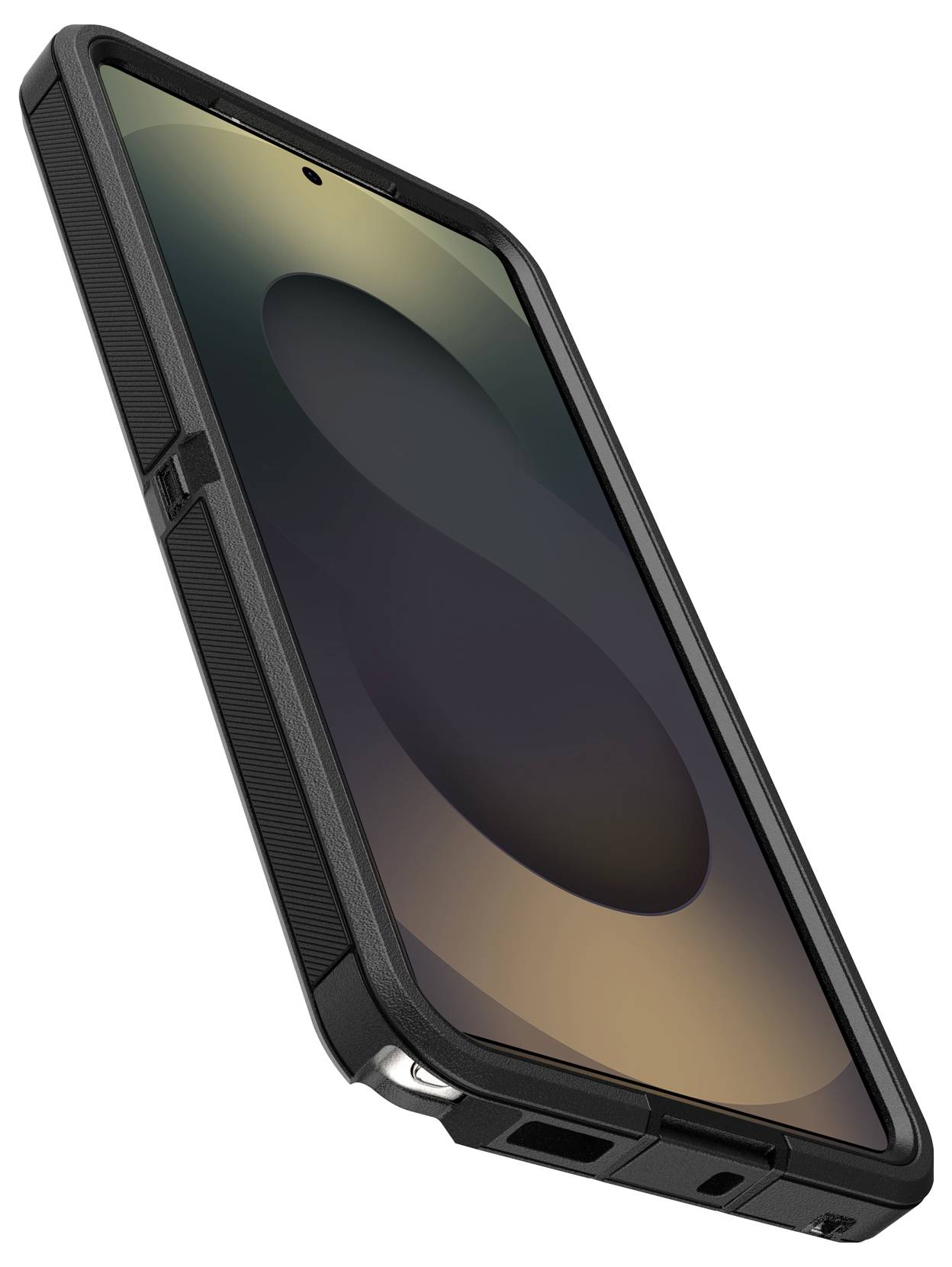 Angewinkelter Blick auf ein schwarzes Smartphone in einer robusten Schutzhülle, das den Vorderbildschirm und die Öffnungen an der Unterseite zeigt.