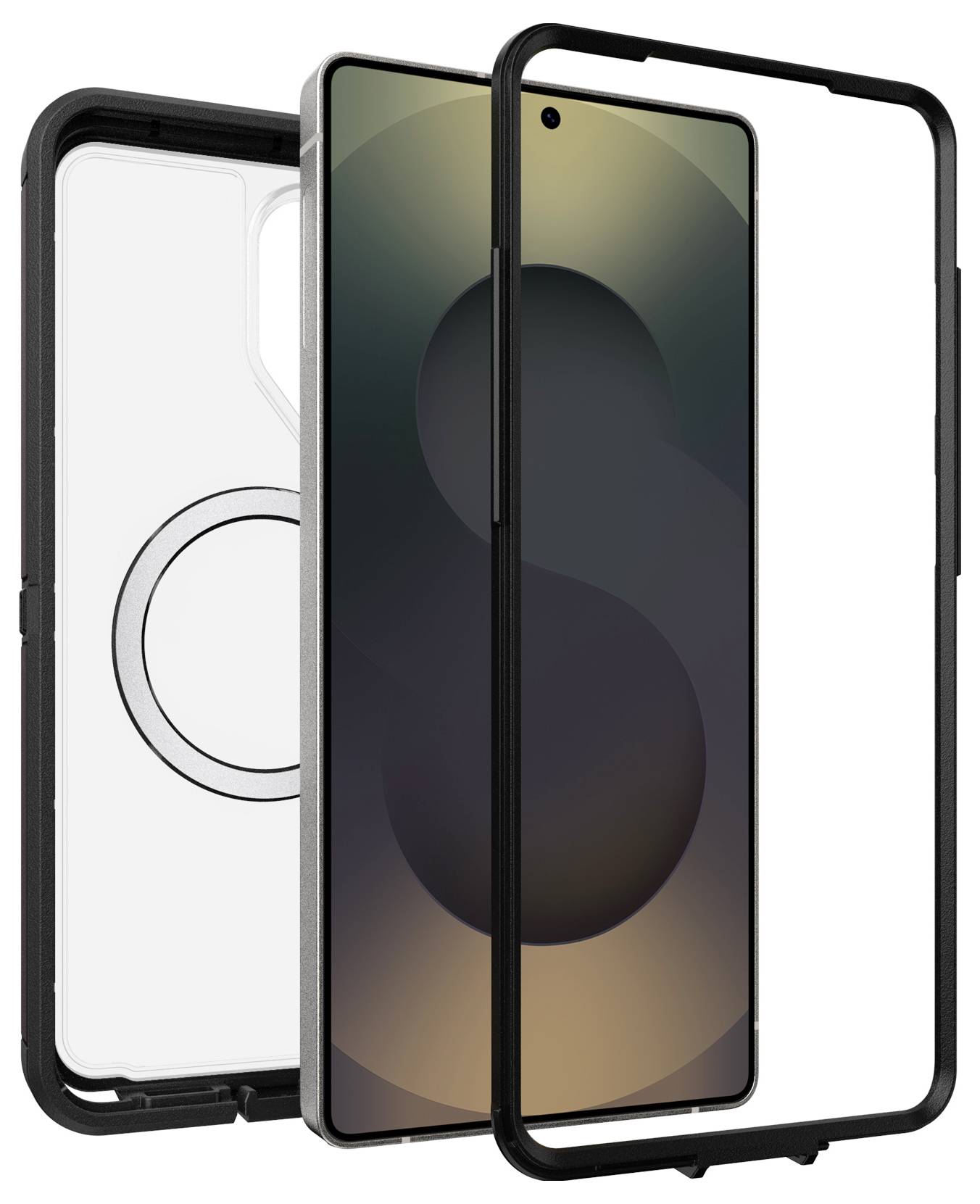 Drei Smartphone-Displayschutzvorrichtungen/Gehäuse, die sich überlappend zeigen, einschließlich einer transparenten MagSafe-ähnlichen Rückplatte und eines schwarzen Vorderrahmens zum Kantenschutz.