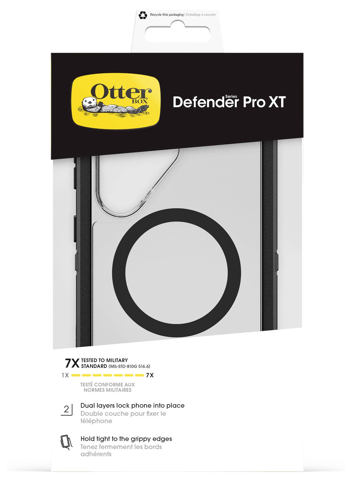 OtterBox Defender Pro XT Telefonkoffer-Verpackung mit durchsichtigem Gehäuse, schwarzem MagSafe-Ring und Hervorberufungen der Funktion 