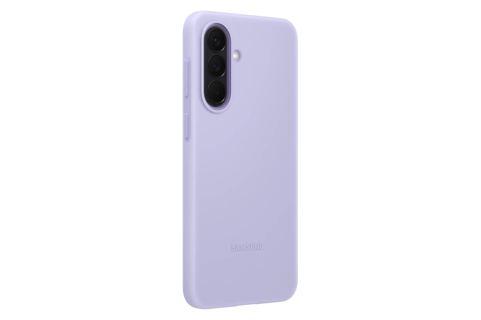 Lavendelfarben Samsung-Smartphone von hinten gezeigt, mit vertikalen dreifachen Kameralinsen und ein Blitzlicht in der Nähe der oberen linken Ecke.