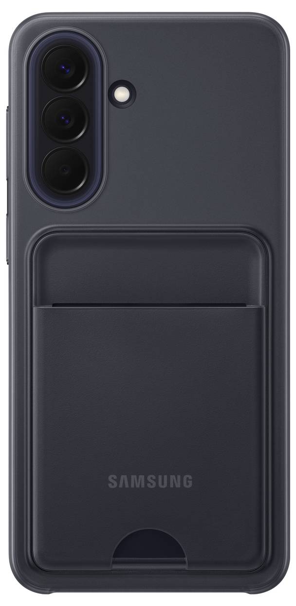 Rückseite eines dunkelgrauen Samsung-Smartphones mit dreifacher Rückkamera, Blitz und einem großen angebrachten Kartenhalter in der unteren Hälfte.