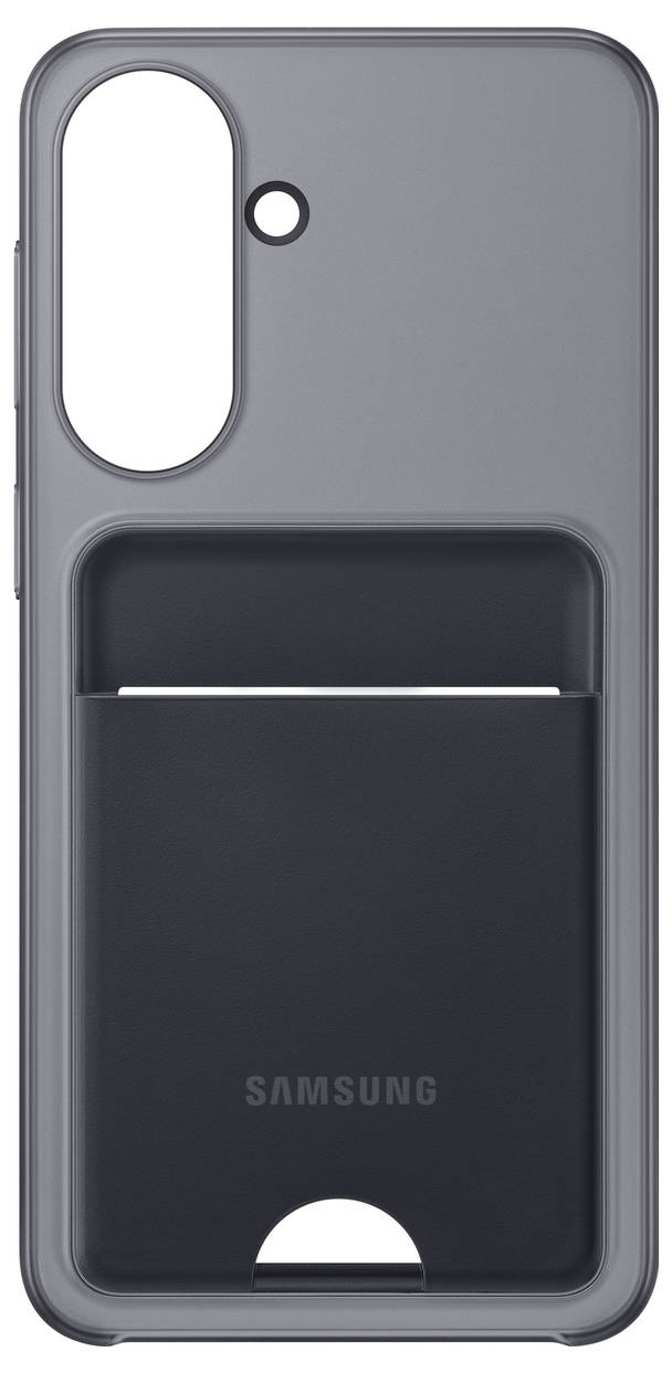 Graue Samsung-Handyhülle mit großem vertikalem Kameraausschnitt und integrierter schwarzer Kartenfachöffnung auf der Rückseite.