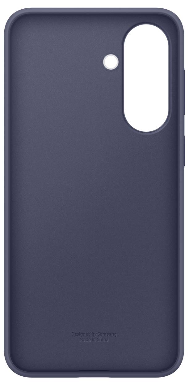 Dunkelblaue Smartphone-Hülle mit großem vertikalem Kameraausschnitt auf der Rückseite und kleinem kreisförmigem Ausschnitt oben.