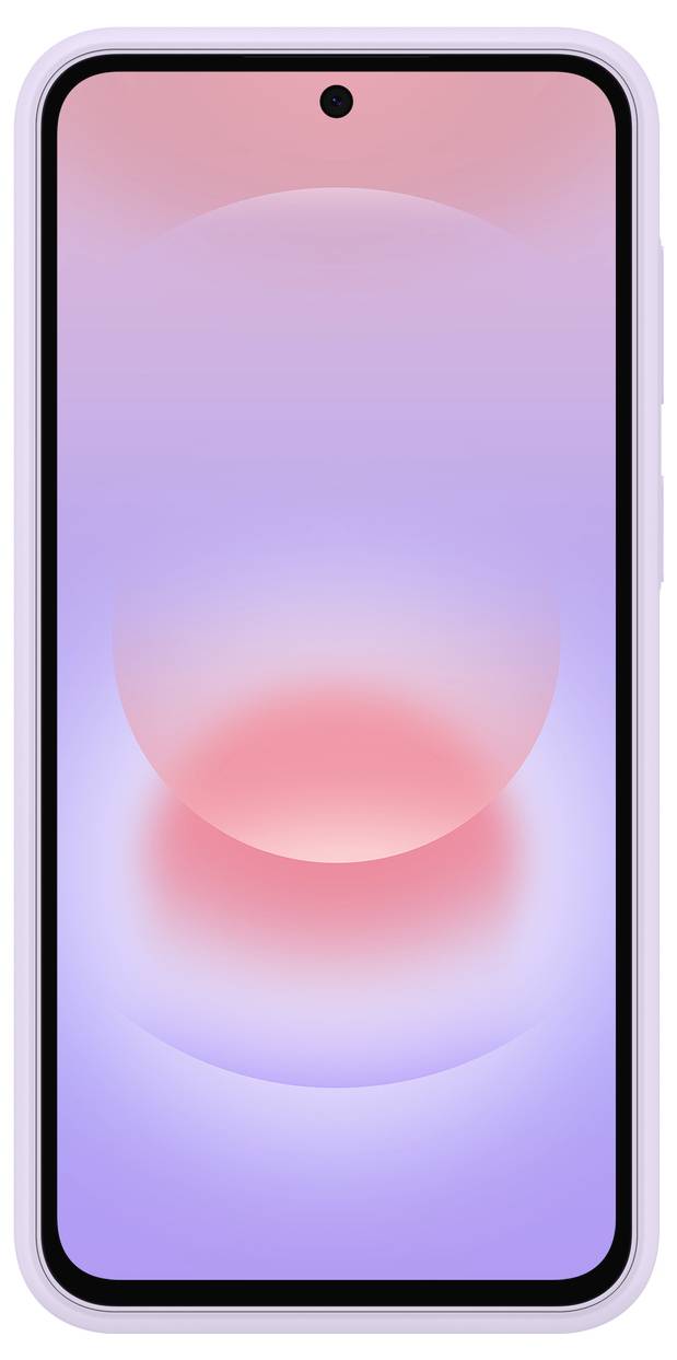 Frontansicht eines Smartphones mit einer pastellrosa und lila abstrakten Hintergrund und zentrierter Loch-Punch-Frontkamera.