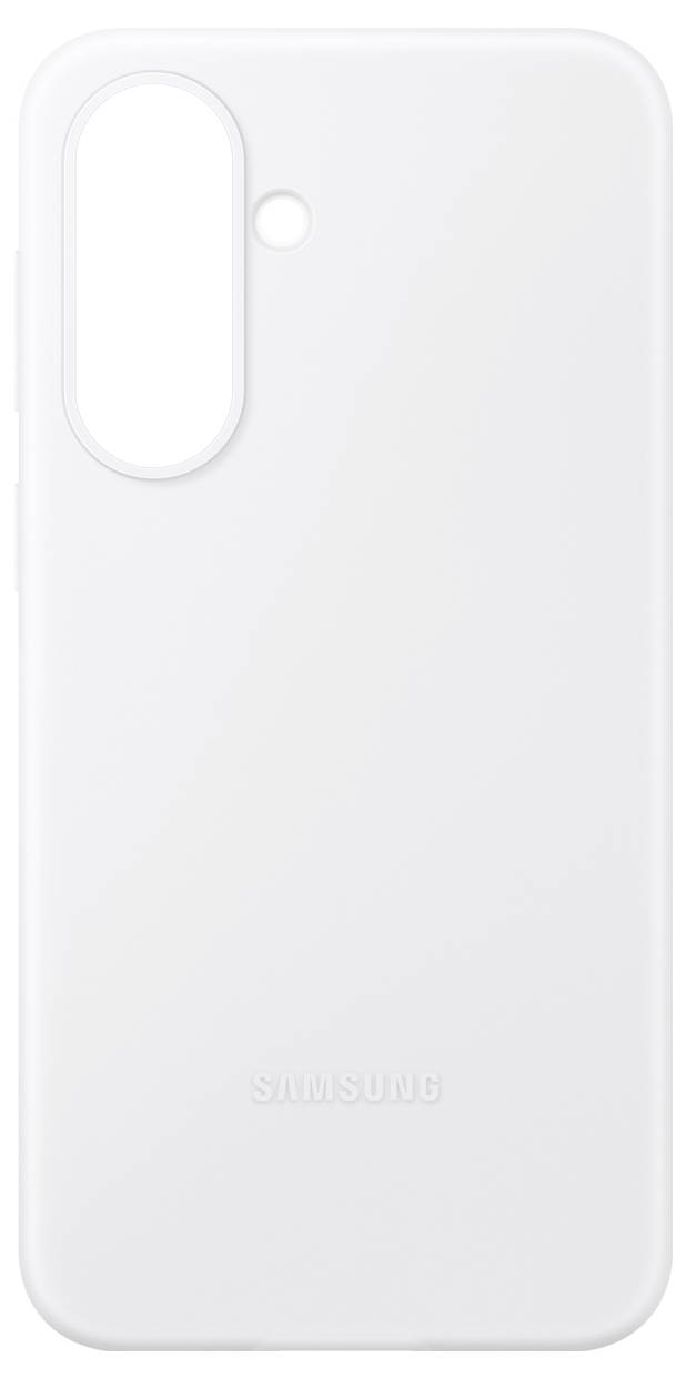 Weiße Samsung-Handyhülle mit vertikalem Kameraausschnitt und kleiner kreisförmiger Öffnung oben links.