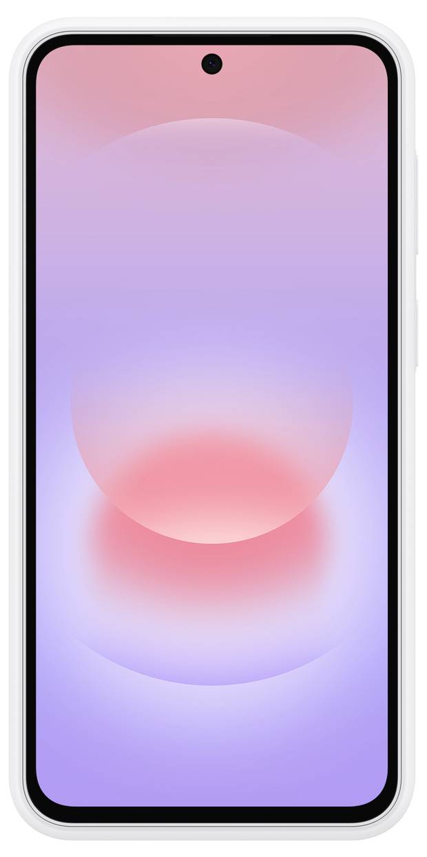 Vorderansicht eines Smartphones mit einem rosa-violetten Farbverlauf-Hintergrundbild und einer zentral angebrachten runden Kameraaussparung oben.