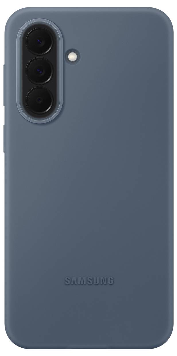 Rückseite einer blauen Samsung-Smartphone-Schutzhülle mit dreifach Rückkamera und Blitz in einem vertikalen Modul.