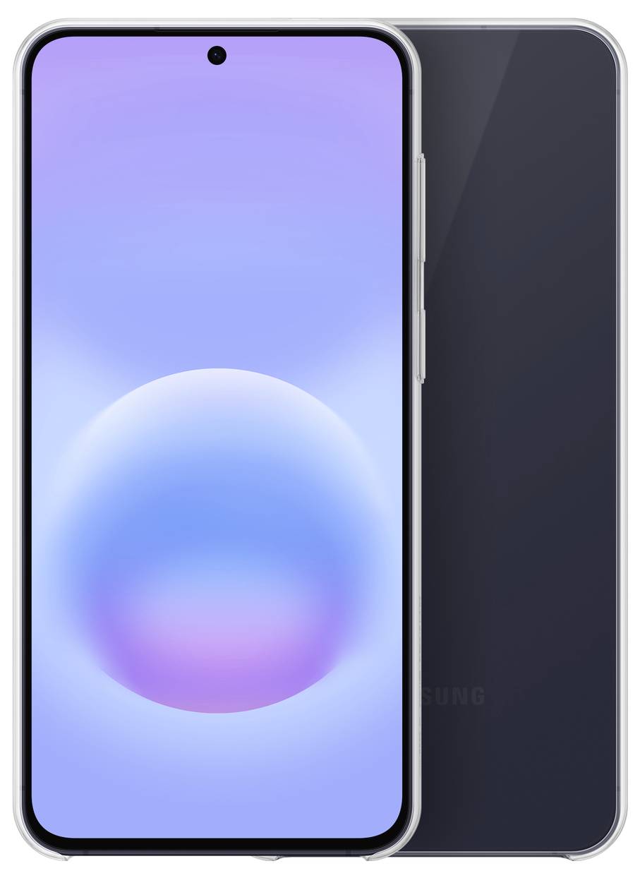 Vorder- und Rückansicht eines Smartphones mit violett-blauem Farbverlauf-Bildschirm und dunklem Rückseiten-Finish.