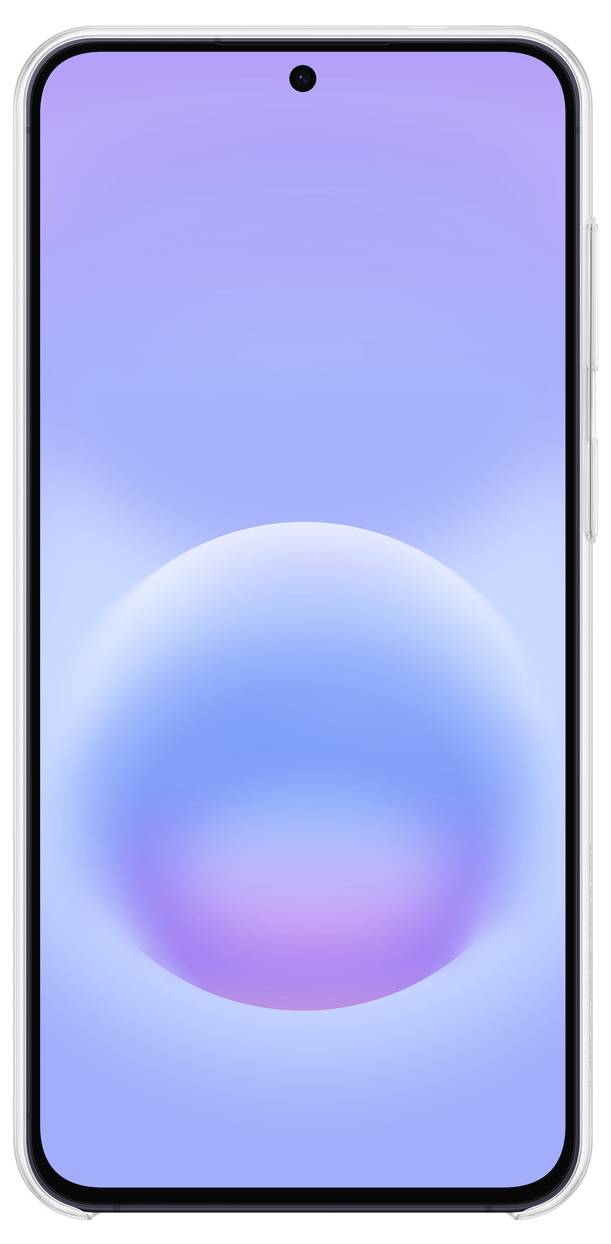 Frontansicht eines Smartphones mit blauviolettem Farbverlauf-Bildschirm und zentrierter leuchtender Kugel als Hintergrundbild.