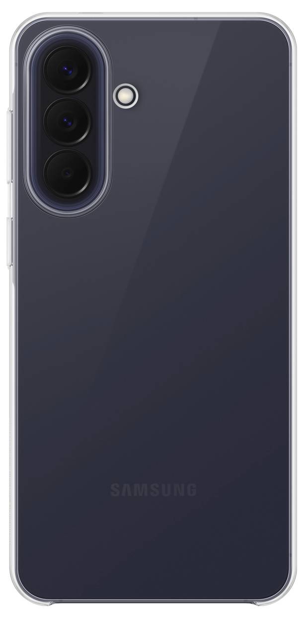 Rückseite eines dunkelgrauen Samsung-Smartphones in einer transparenten Hülle, wobei ein dreifaches hinteres Kameramodul und ein Blitz oben links zu sehen sind.