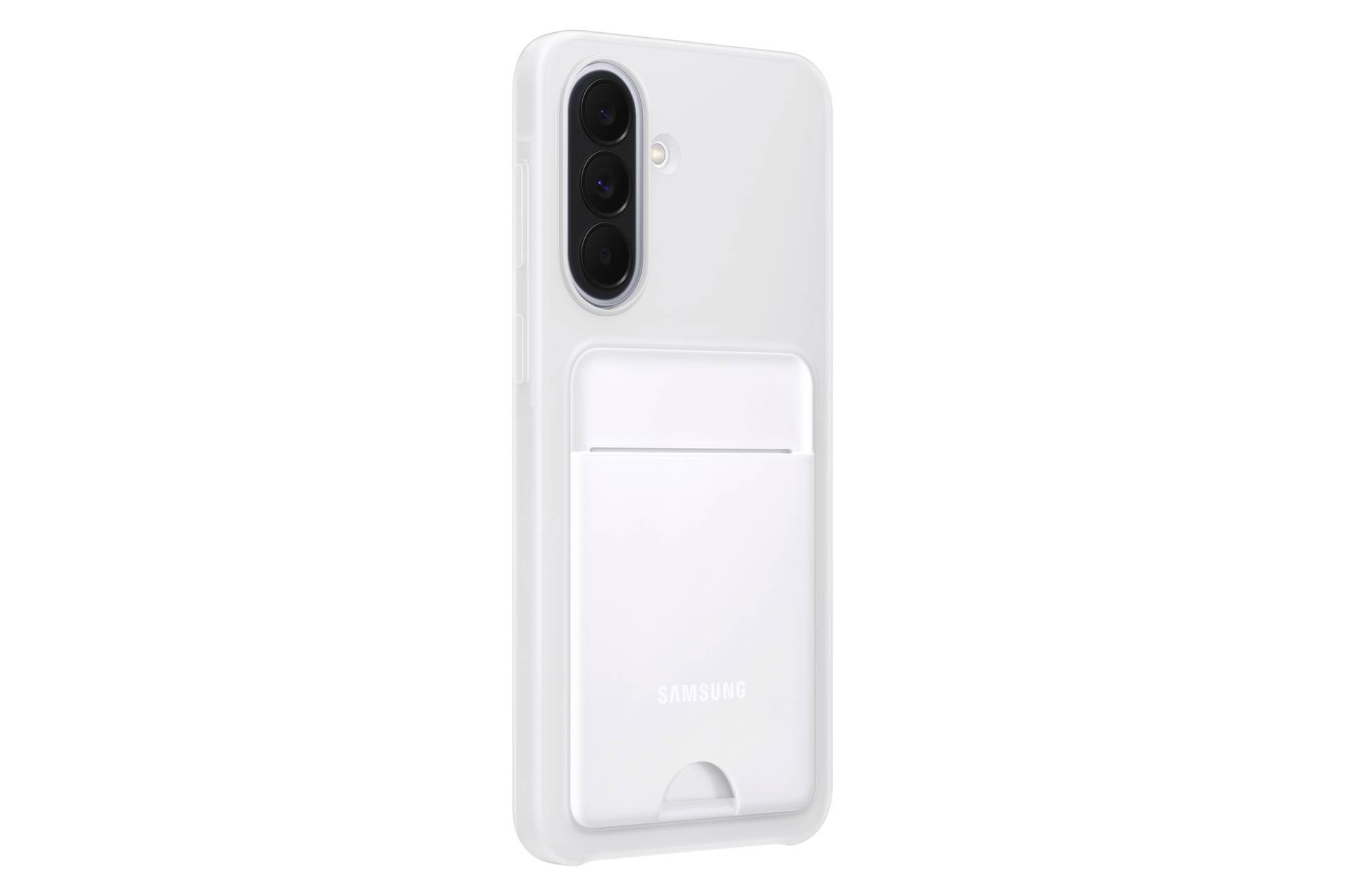 Weißes Samsung-Smartphone von hinten gezeigt mit einer dreifachen Kamera und einem schlanken Kartenhalter, der auf der unteren Hälfte angebracht ist.