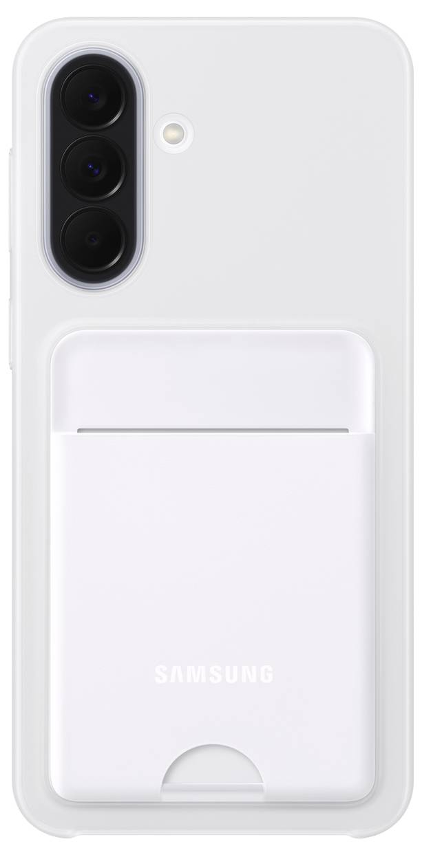 Weißes Samsung-Smartphone von hinten gezeigt, mit dreifacher vertikaler Kameraanordnung und einem hinten angebrachten Kartenhalter oder Portemonnaie.
