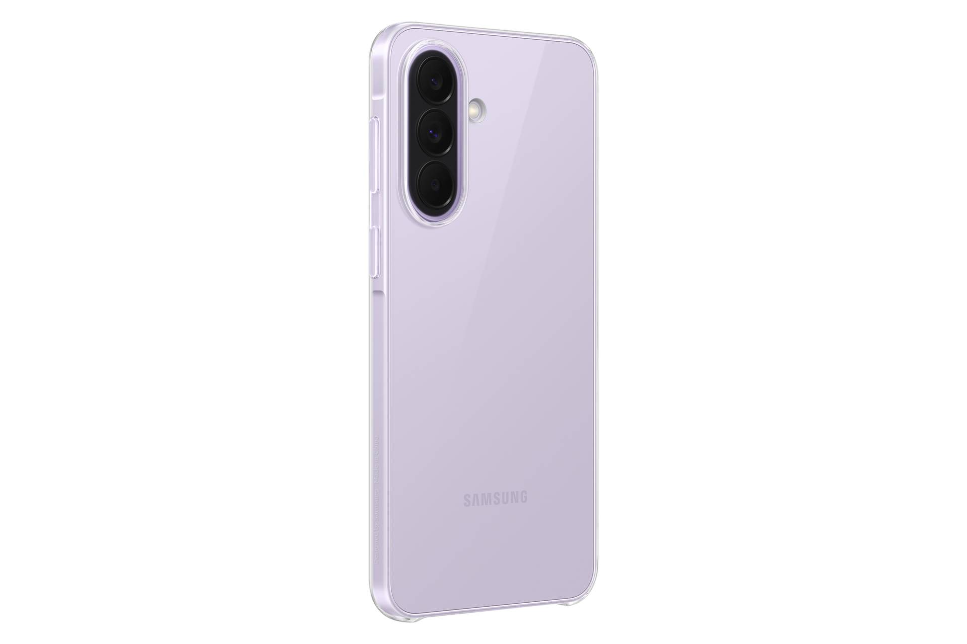 Rückansicht eines helllavendelfarbenen Samsung-Smartphones mit dreifacher Rückfahrkamera und einem schlanken Schutzgehäuse.