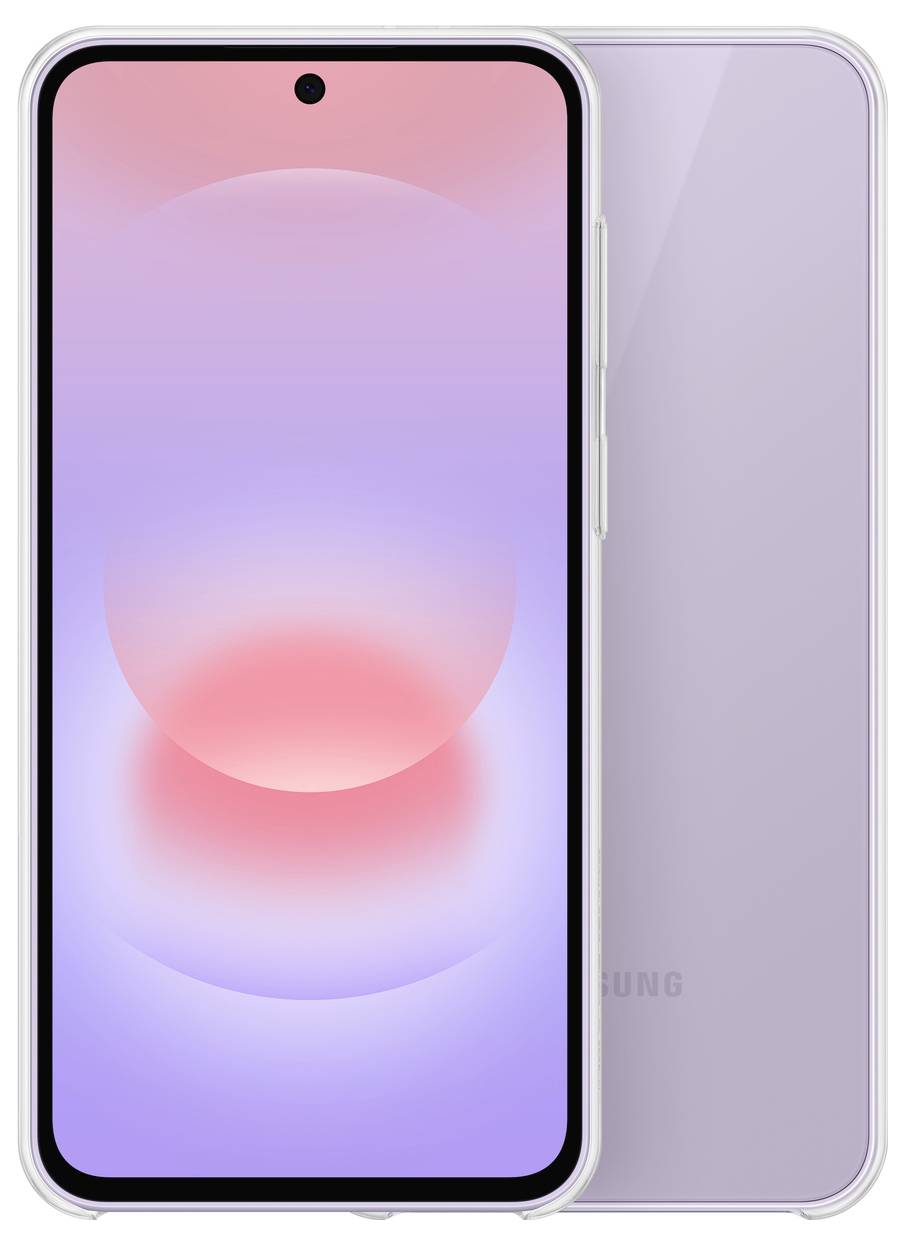 Zwei Smartphones, von vorne und hinten gezeigt, mit einem hellviolett/rosa Farbverlauf auf der Vorderseite und einem lavendelvioletten Rücken.
