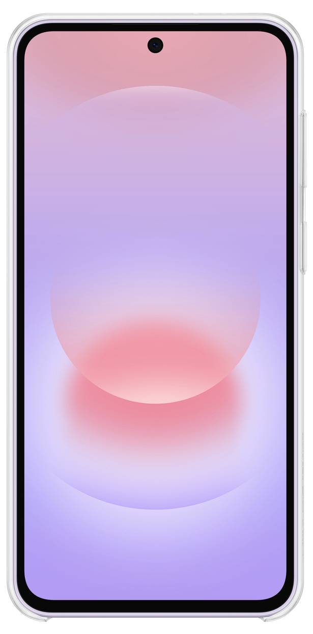 Vorderansicht eines weißen Smartphones, das eine rosa und violette abstrakte Farbverlaufshintergrundbild mit einer zentrierten Punch-Hole-Kamera zeigt.
