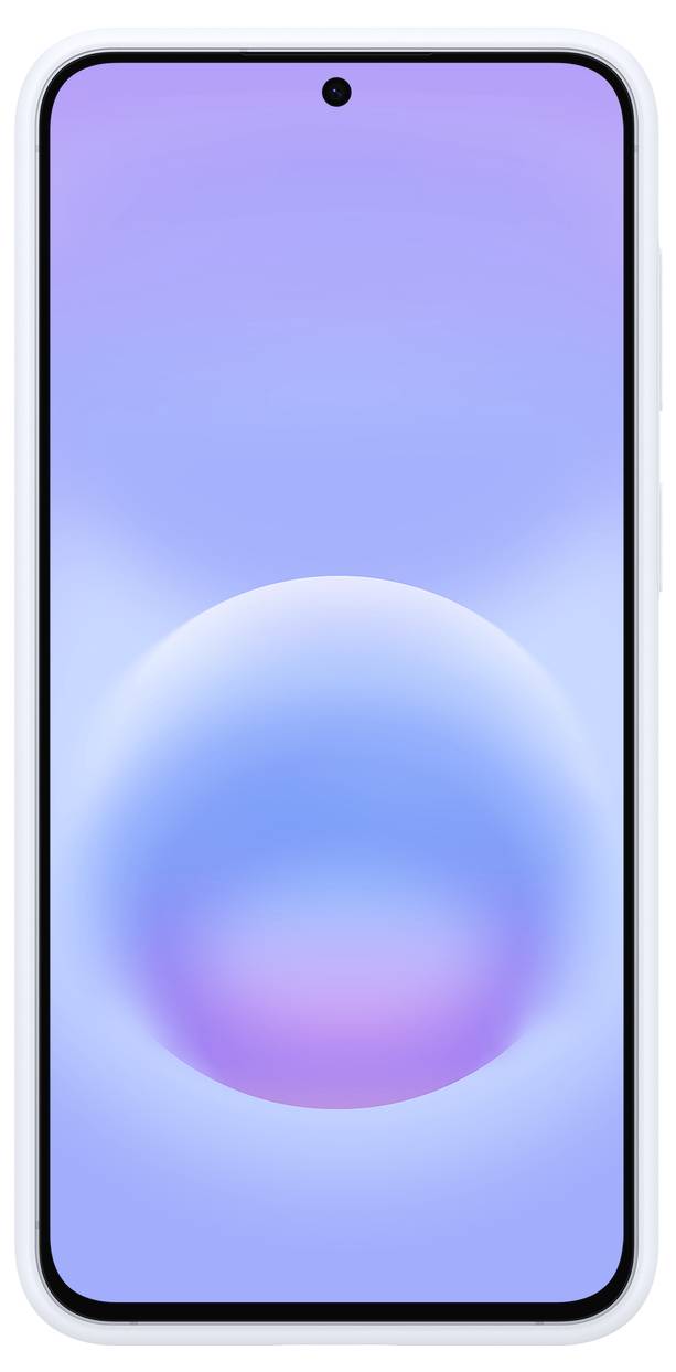 Frontansicht eines Smartphones mit einer zentrierten Loch-Punch-Kamera und einem blau-violetten abstrakten Hintergrundbild.